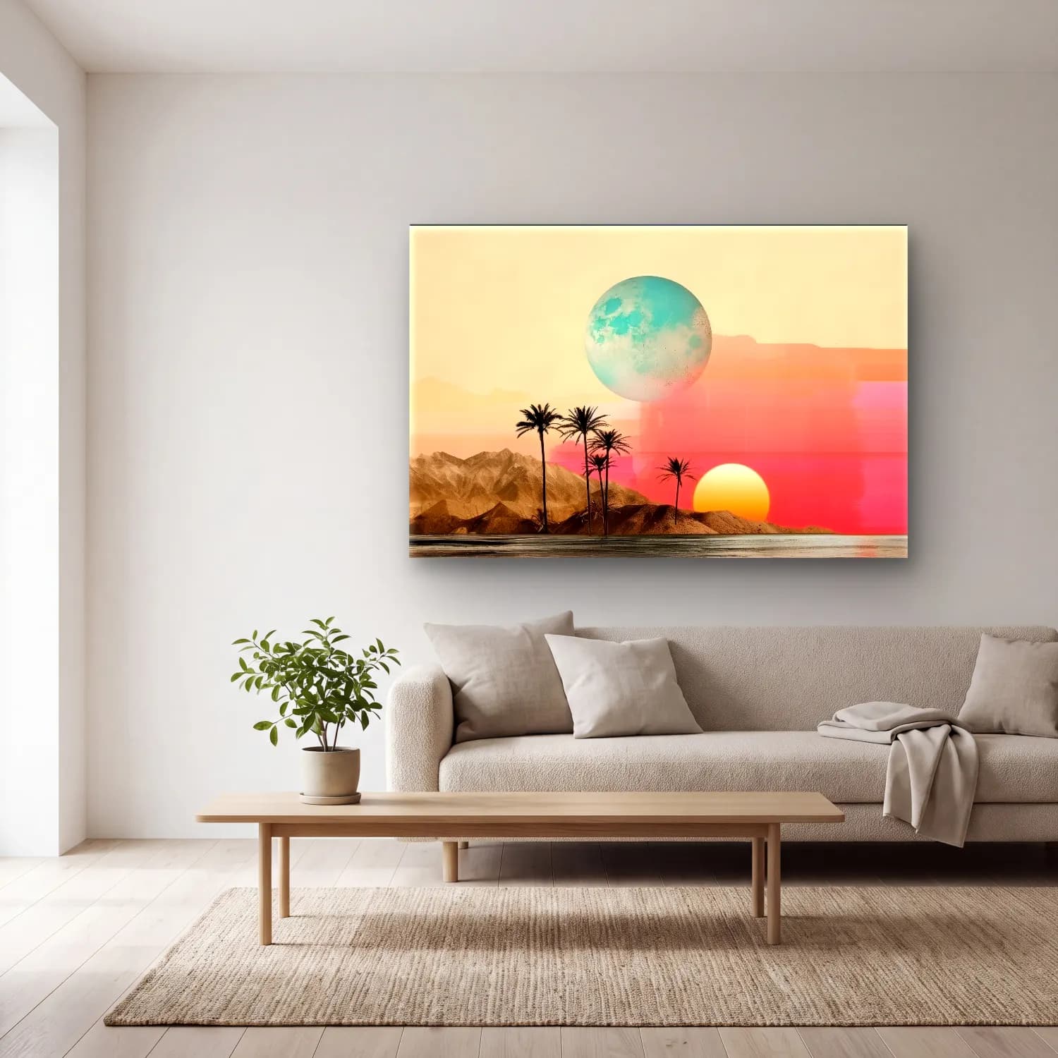 Pastel Soyut Manzara – Turkuaz Tonlar cam tablo — açık renk salonda
