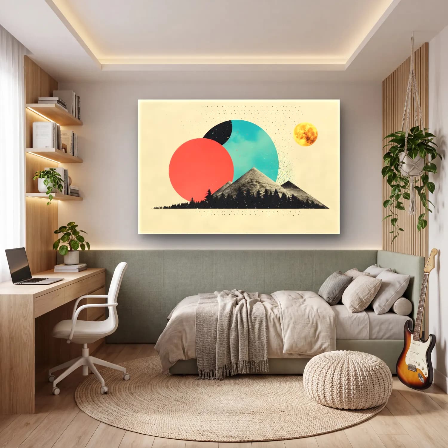 Boho Soyut Manzara No. 16 cam tablo — genç odasında