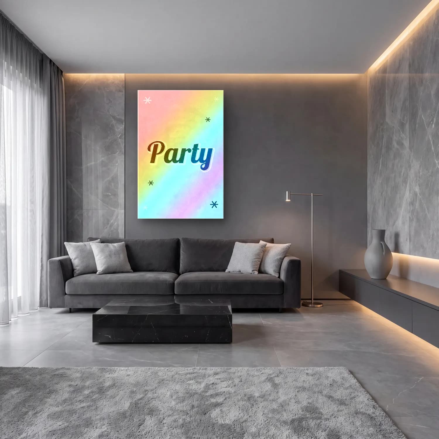 Pastel Yazılı Tasarım No. 20 cam tablo — lüks salon duvarında