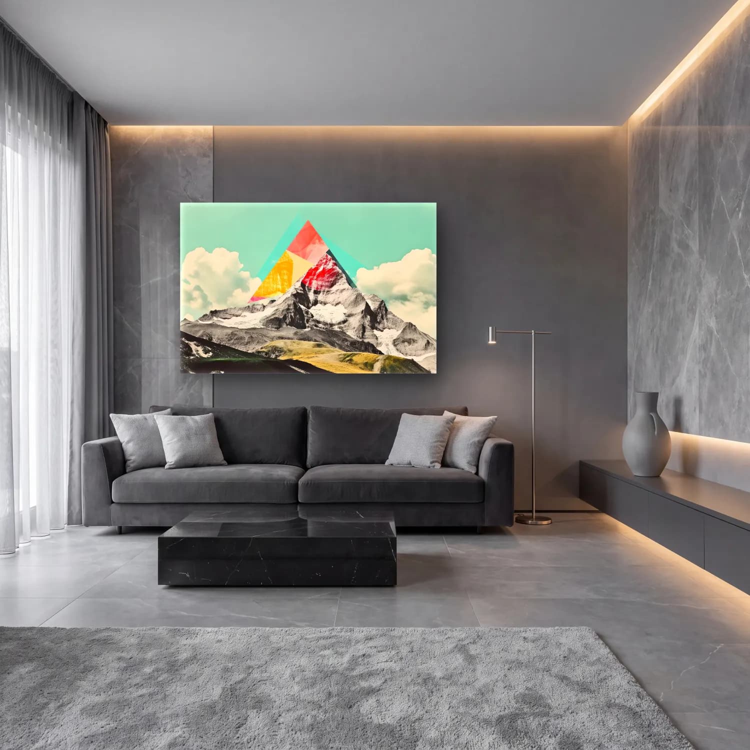Modern Soyut Karlı Dağ Zirvesi – Turkuaz Tonlar cam tablo — lüks salon duvarında