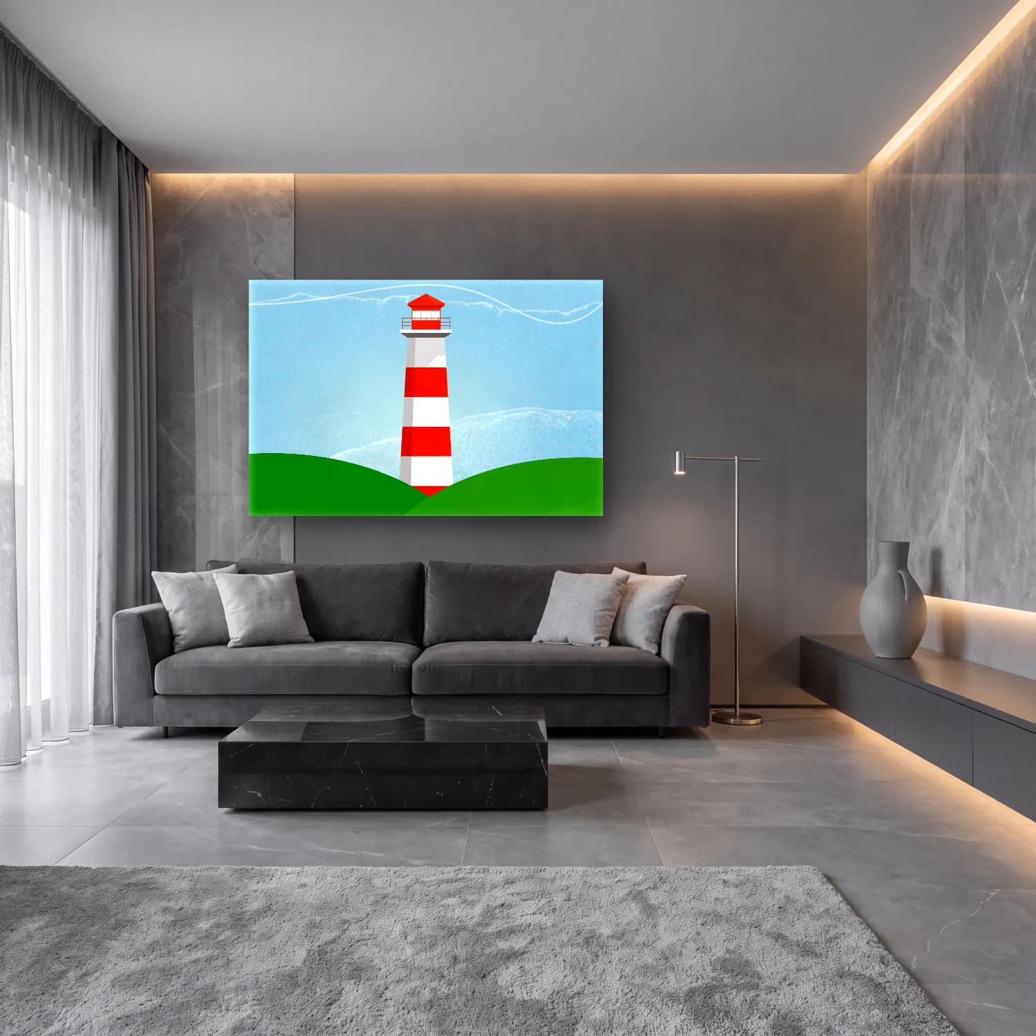Sevimli İllüstrasyon Deniz Feneri cam tablo — lüks salon duvarında
