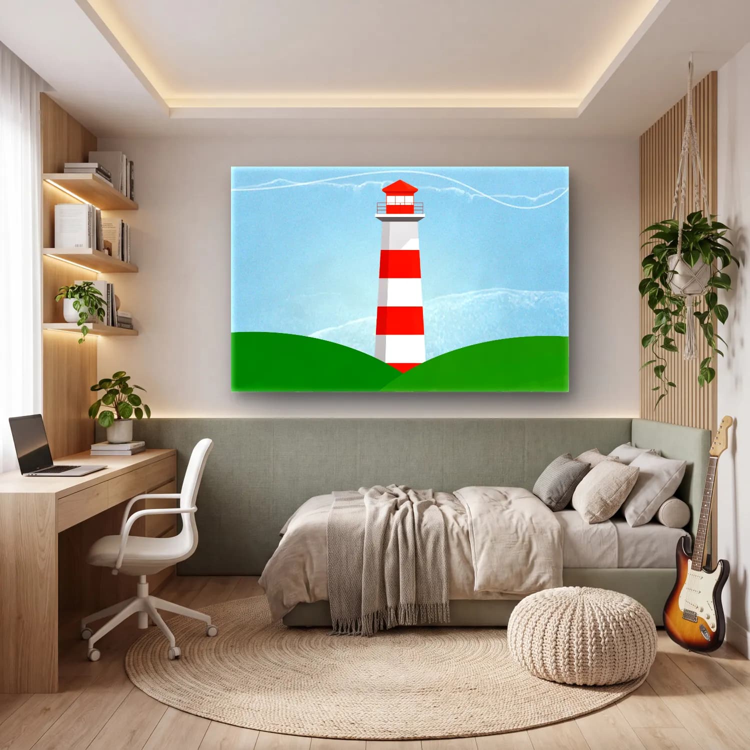 Sevimli İllüstrasyon Deniz Feneri cam tablo — genç odasında