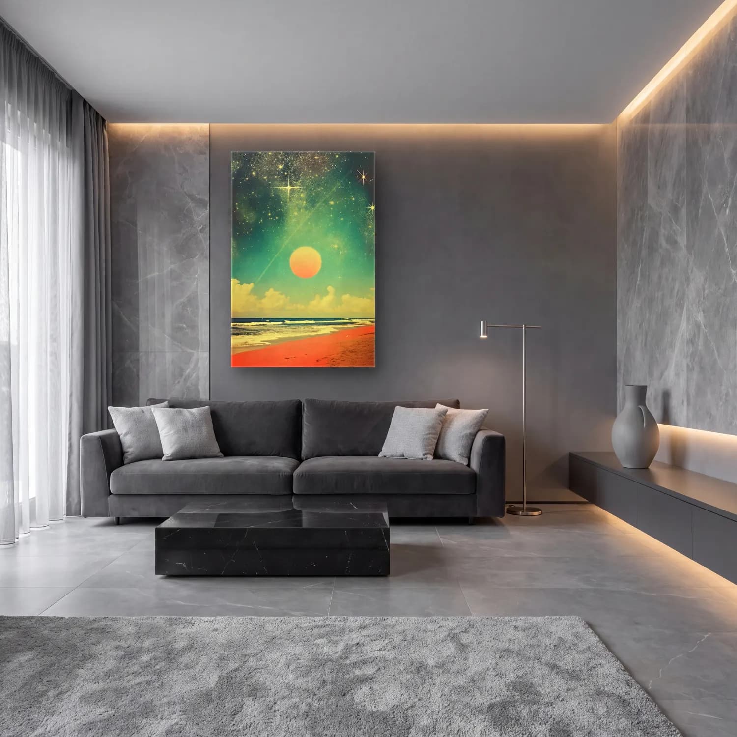 Pastel Yıldızlı Gece cam tablo — lüks salon duvarında