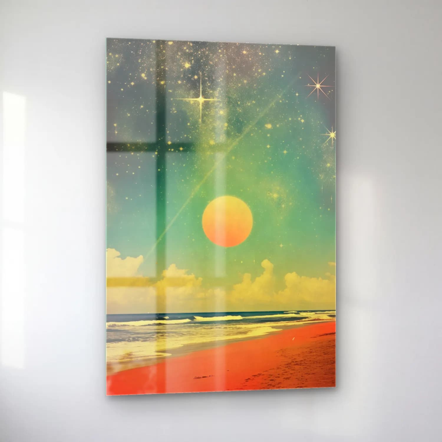 Pastel Yıldızlı Gece cam tablo — sol açıdan görünüm