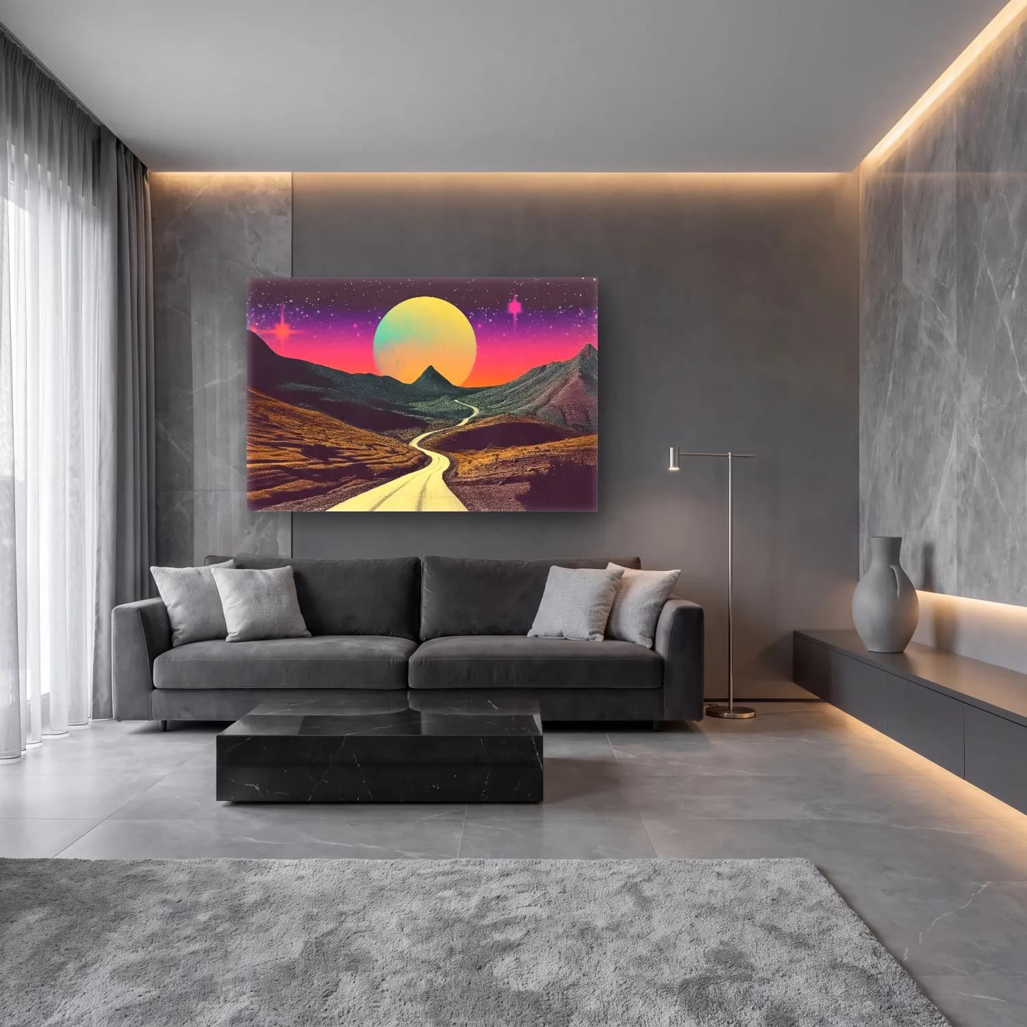 Pastel Ay ve Gece – Pembe Tonlar cam tablo — lüks salon duvarında