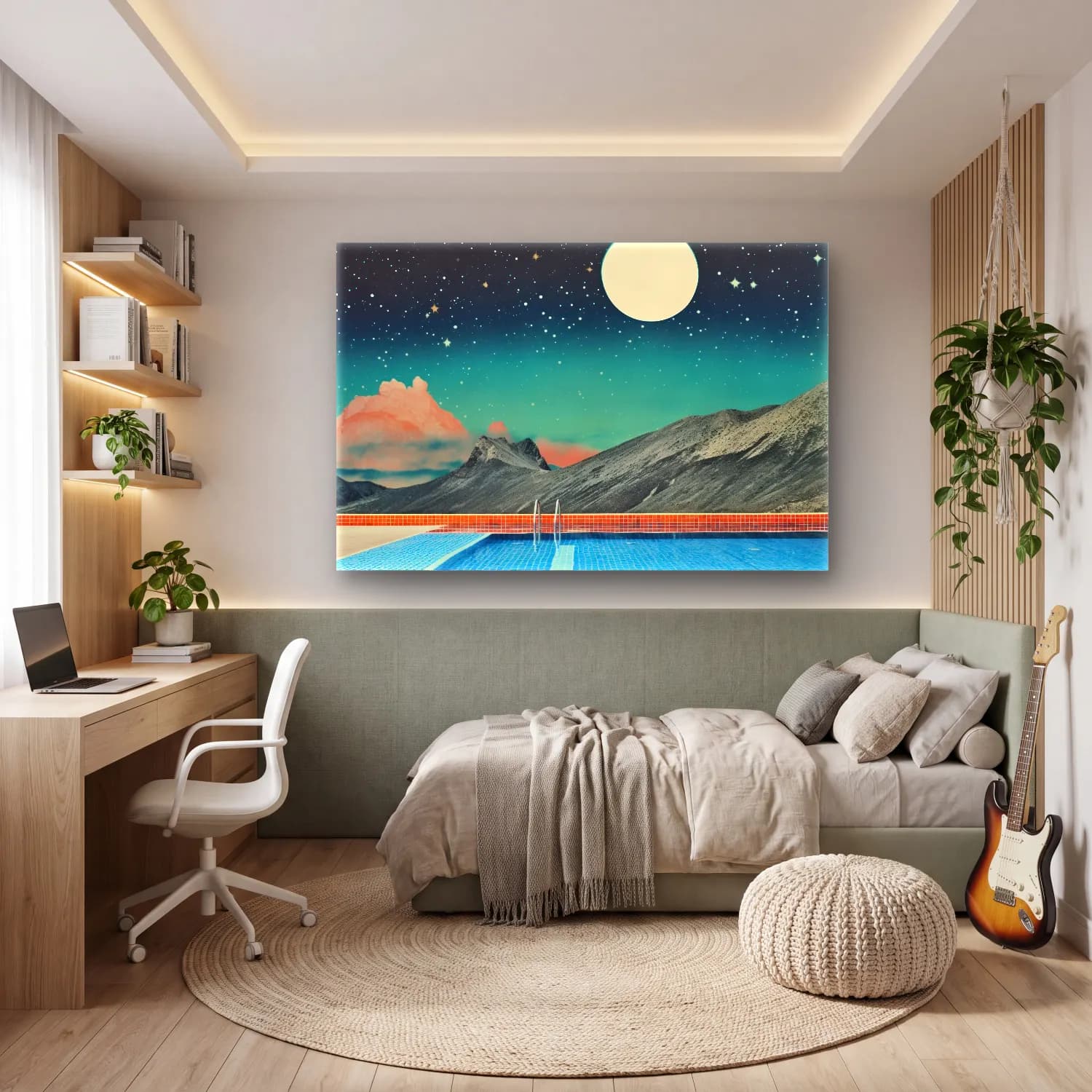 Retro Ay ve Gece cam tablo — genç odasında