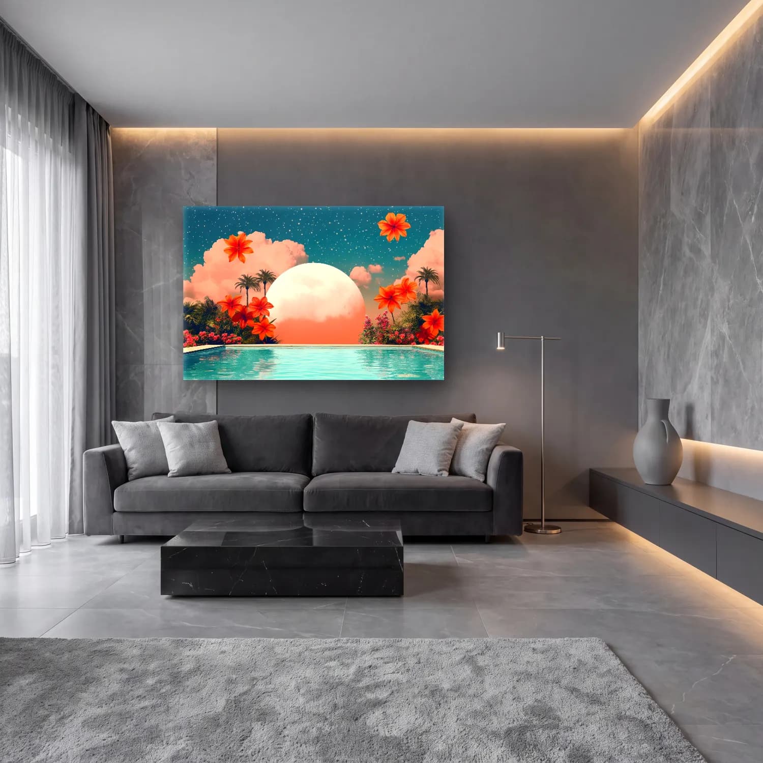 Pastel Ay ve Gece No. 6 cam tablo — lüks salon duvarında
