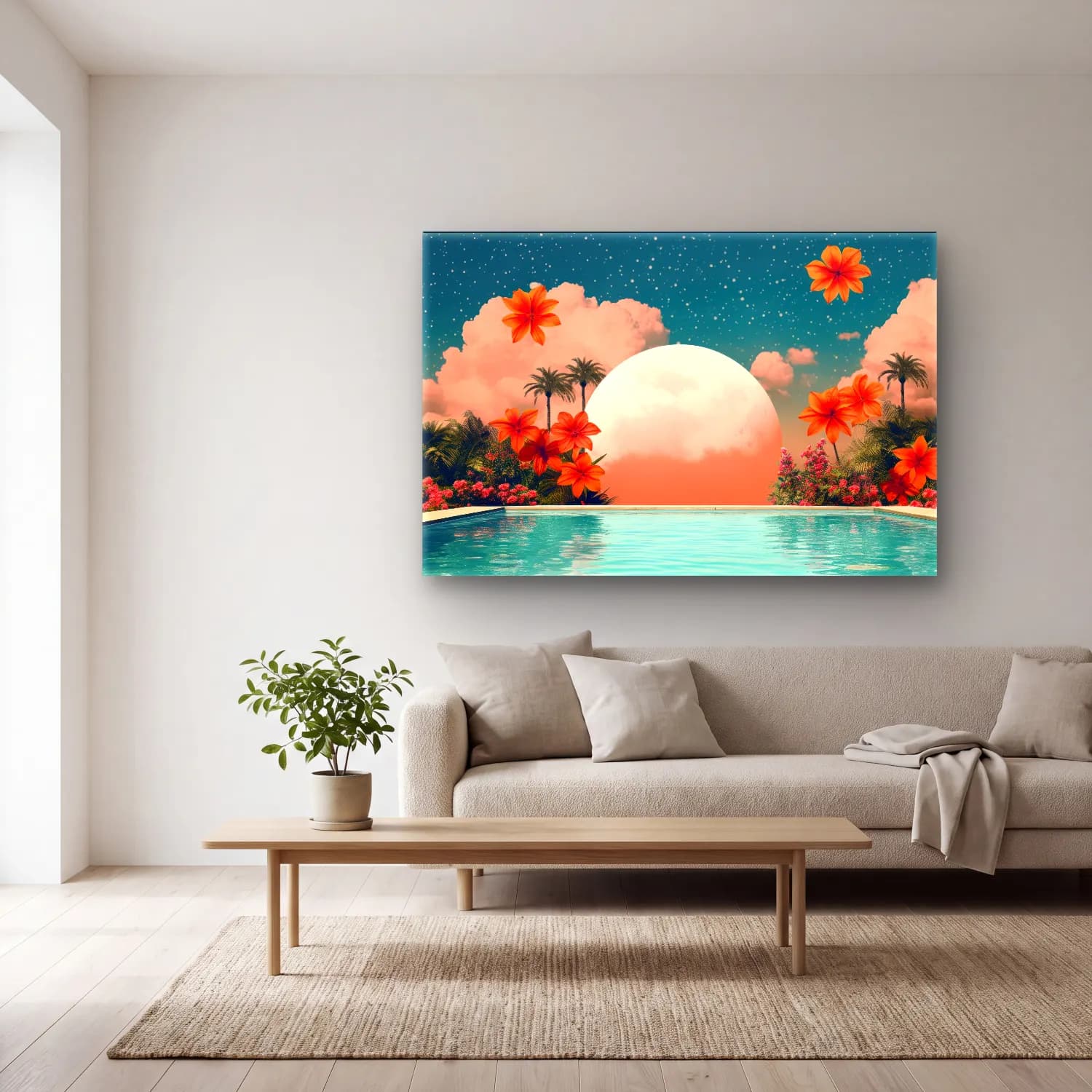 Pastel Ay ve Gece No. 6 cam tablo — açık renk salonda