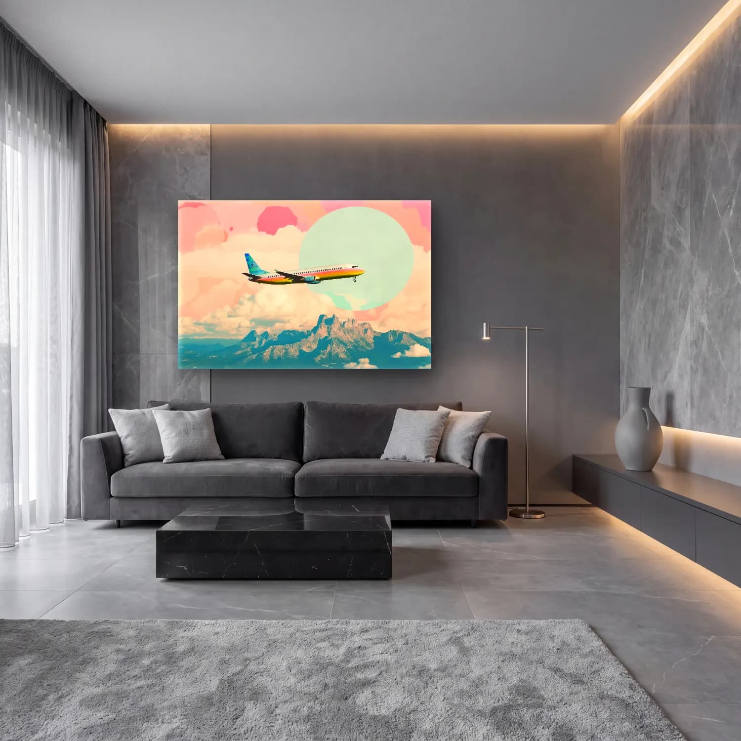 Pastel Uçak cam tablo — lüks salon duvarında