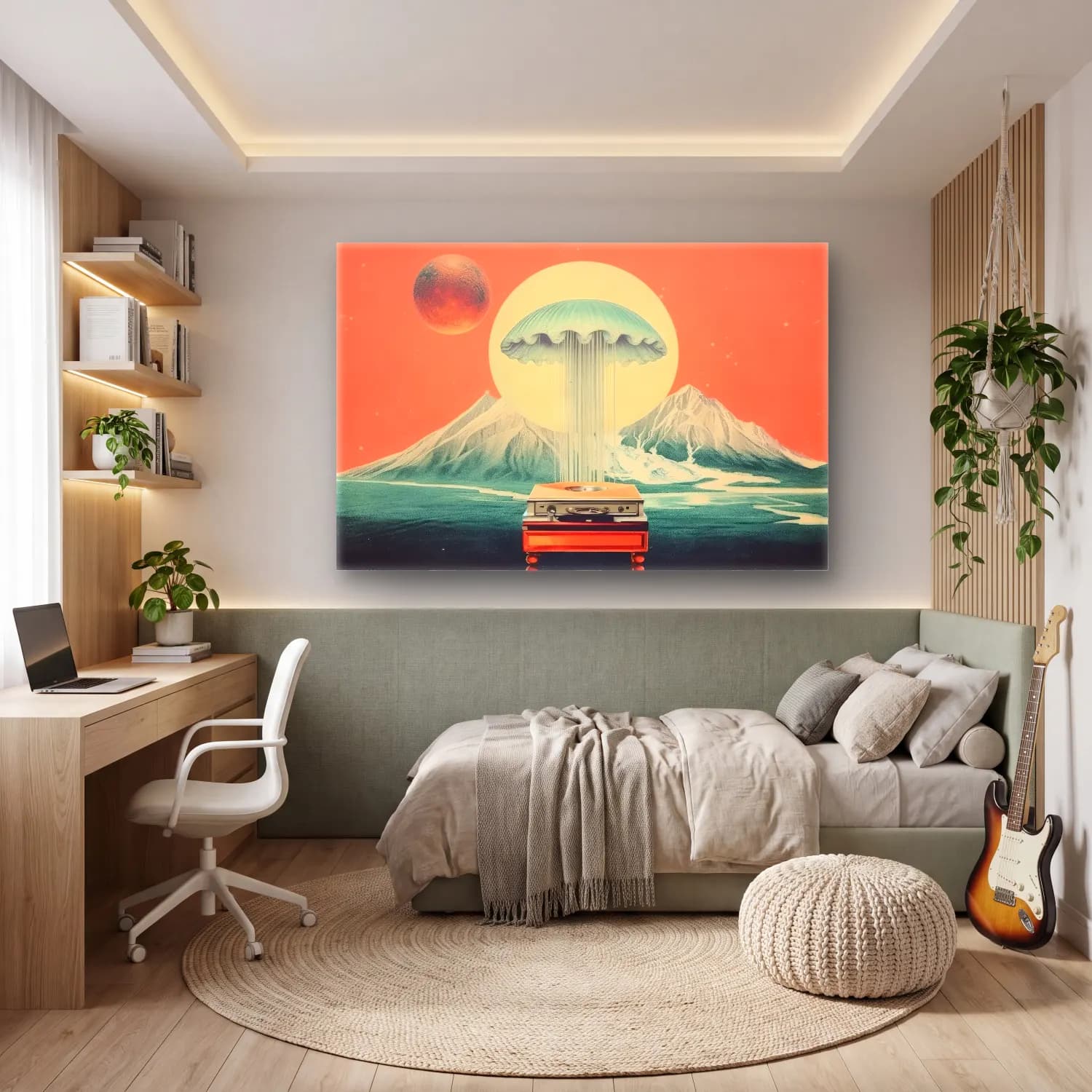 Pastel Denizanası cam tablo — genç odasında