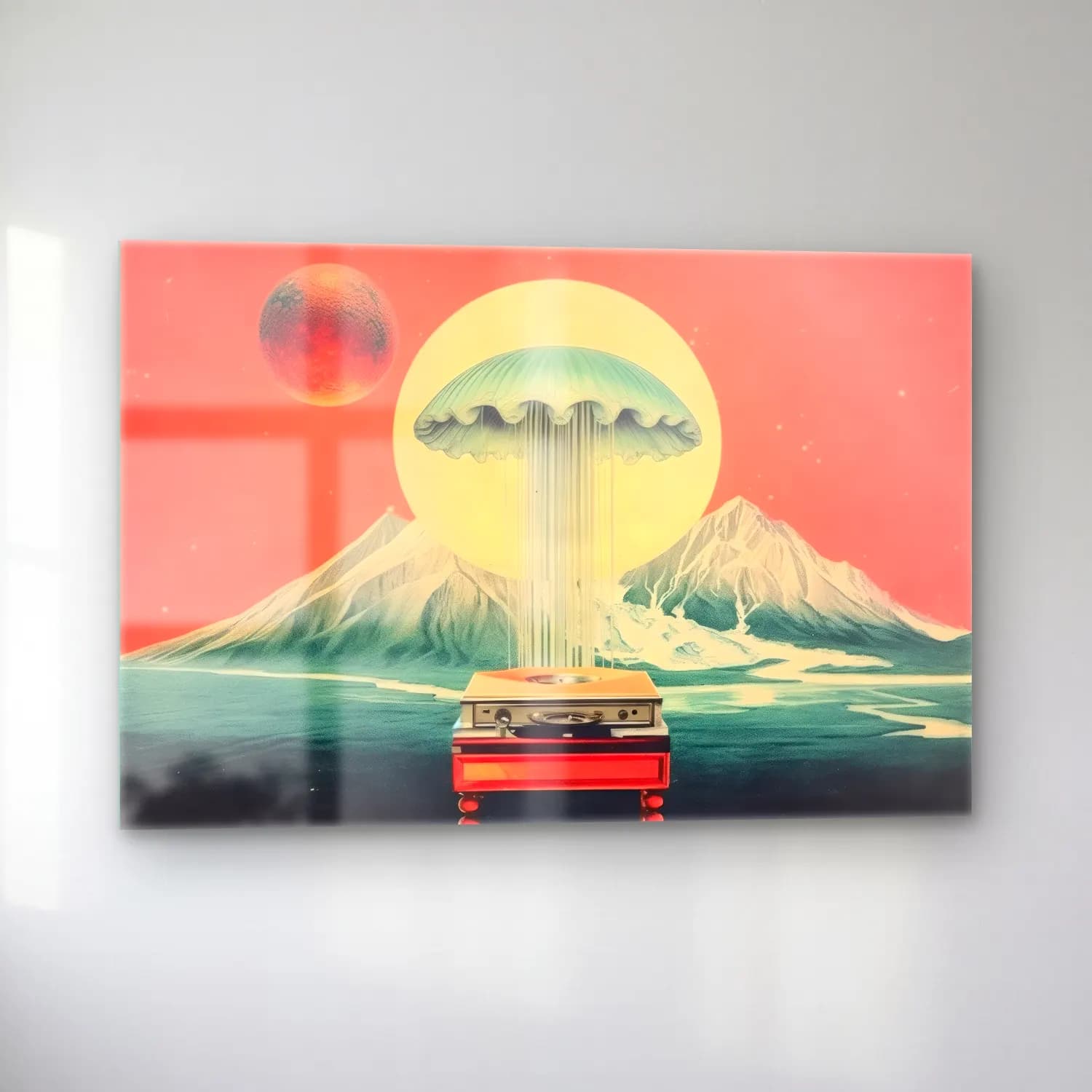 Pastel Denizanası cam tablo — sol açıdan görünüm