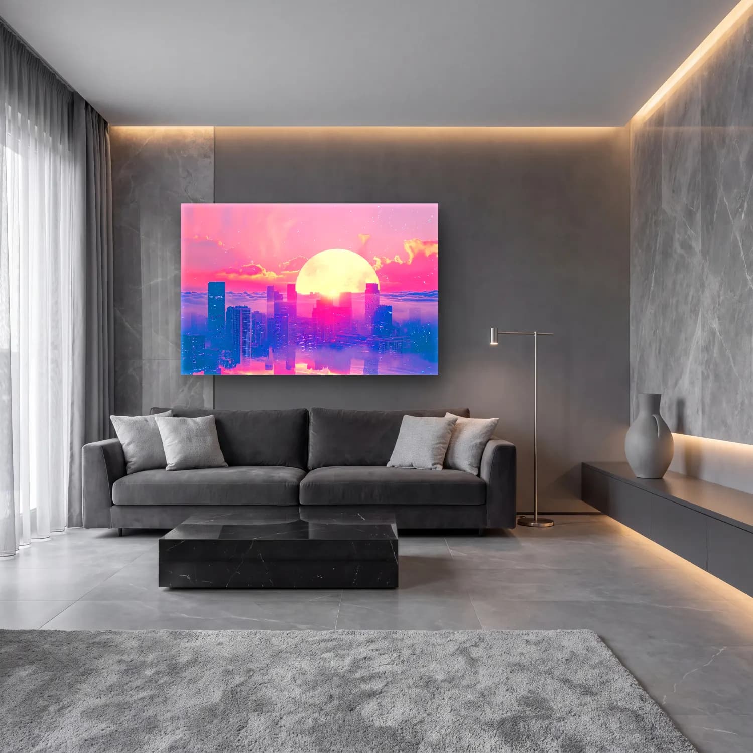 Pastel Gece Şehir cam tablo — lüks salon duvarında