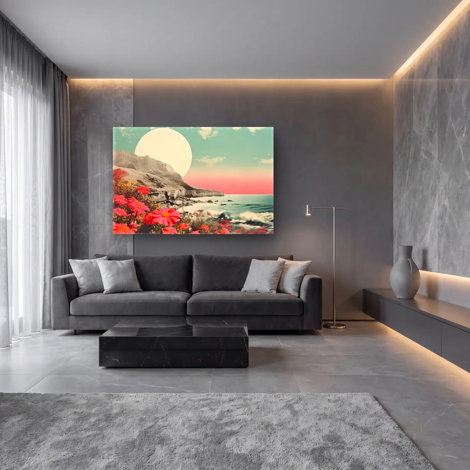 Pastel Dalgalı Sahil cam tablo — lüks salon duvarında
