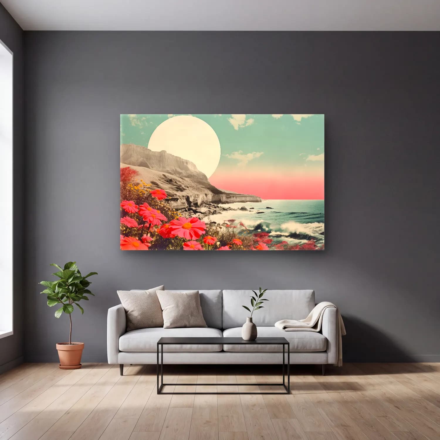Pastel Dalgalı Sahil cam tablo — gri duvarlı salonda