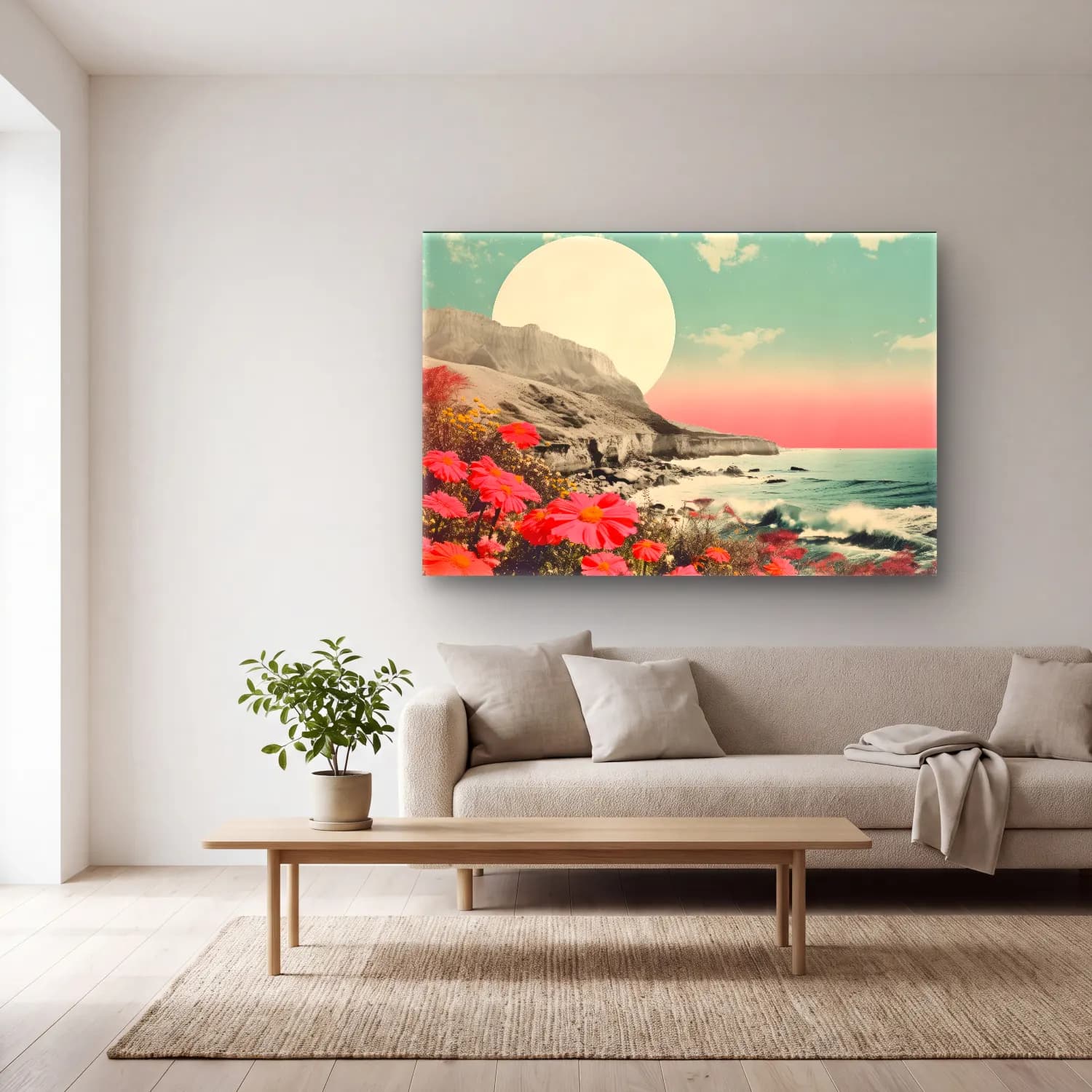 Pastel Dalgalı Sahil cam tablo — açık renk salonda