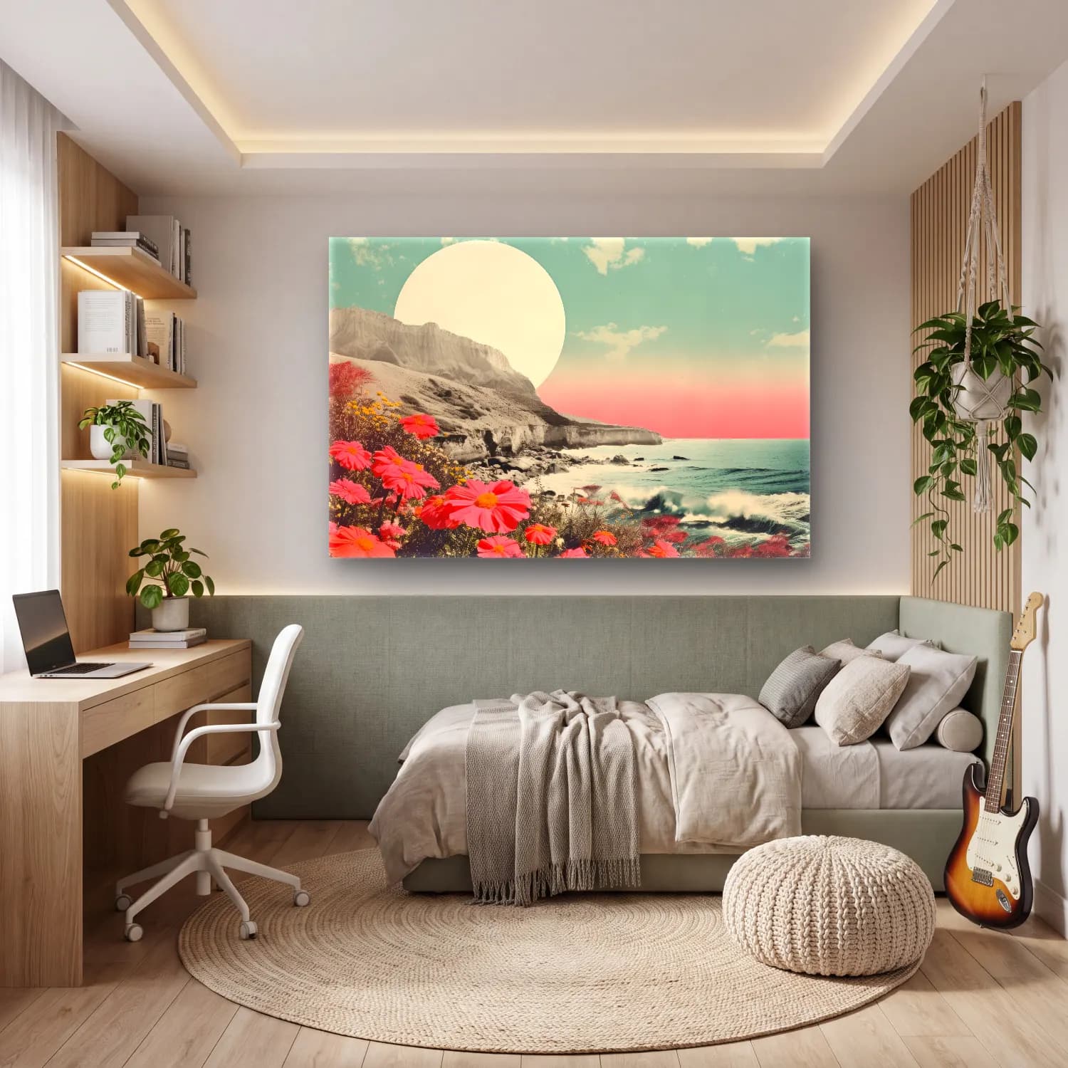 Pastel Dalgalı Sahil cam tablo — genç odasında