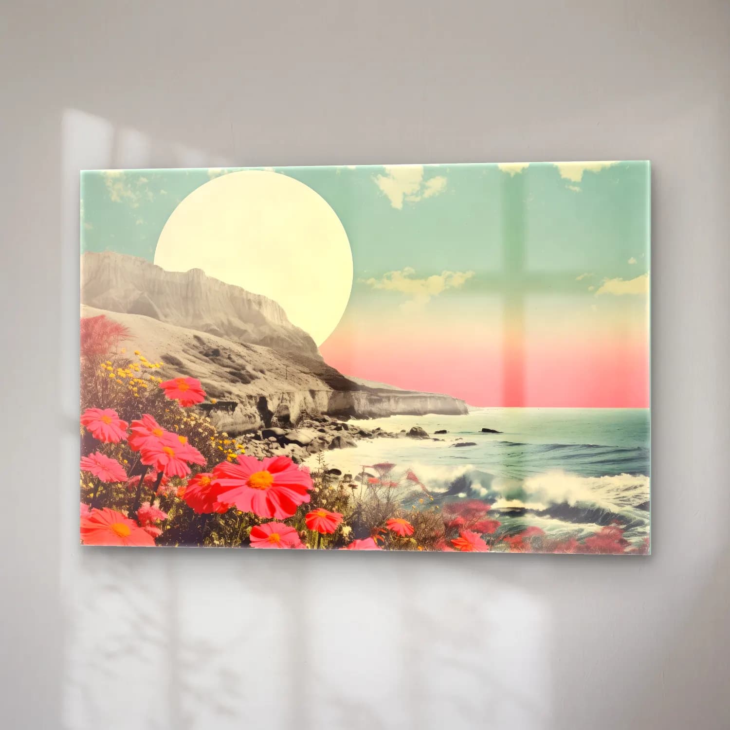 Pastel Dalgalı Sahil cam tablo — sağ açıdan görünüm