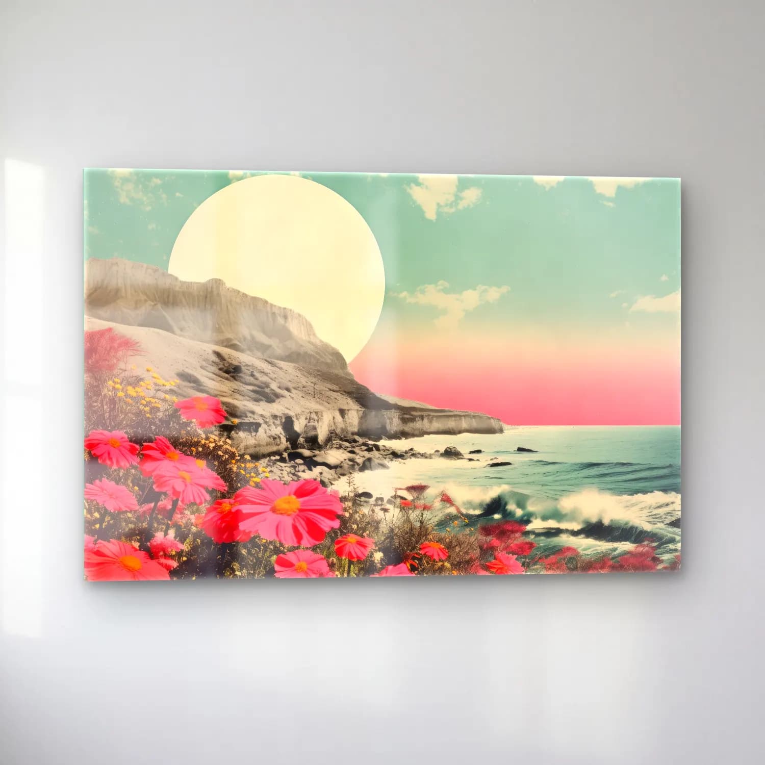 Pastel Dalgalı Sahil cam tablo — sol açıdan görünüm