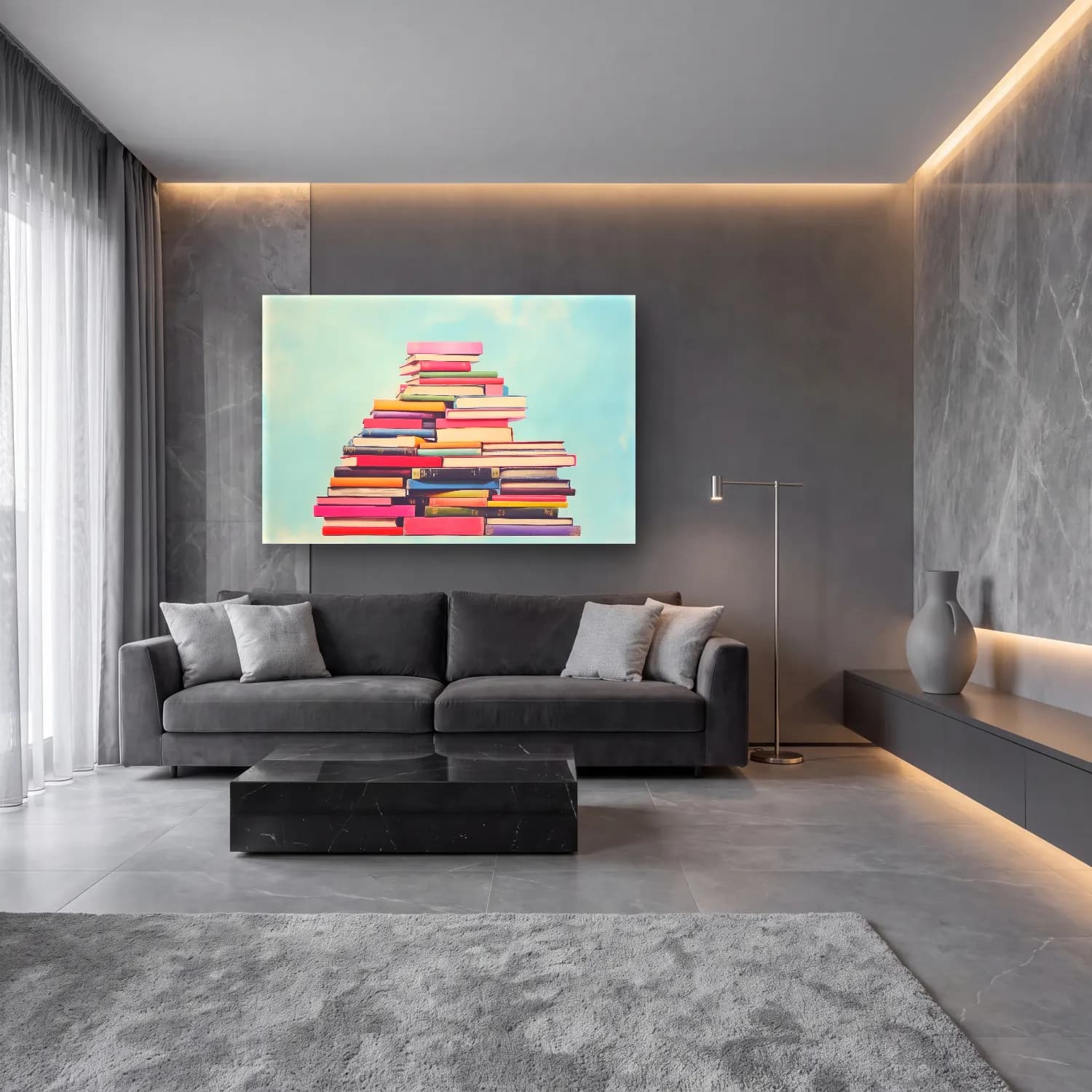 Pastel Kitaplar cam tablo — lüks salon duvarında
