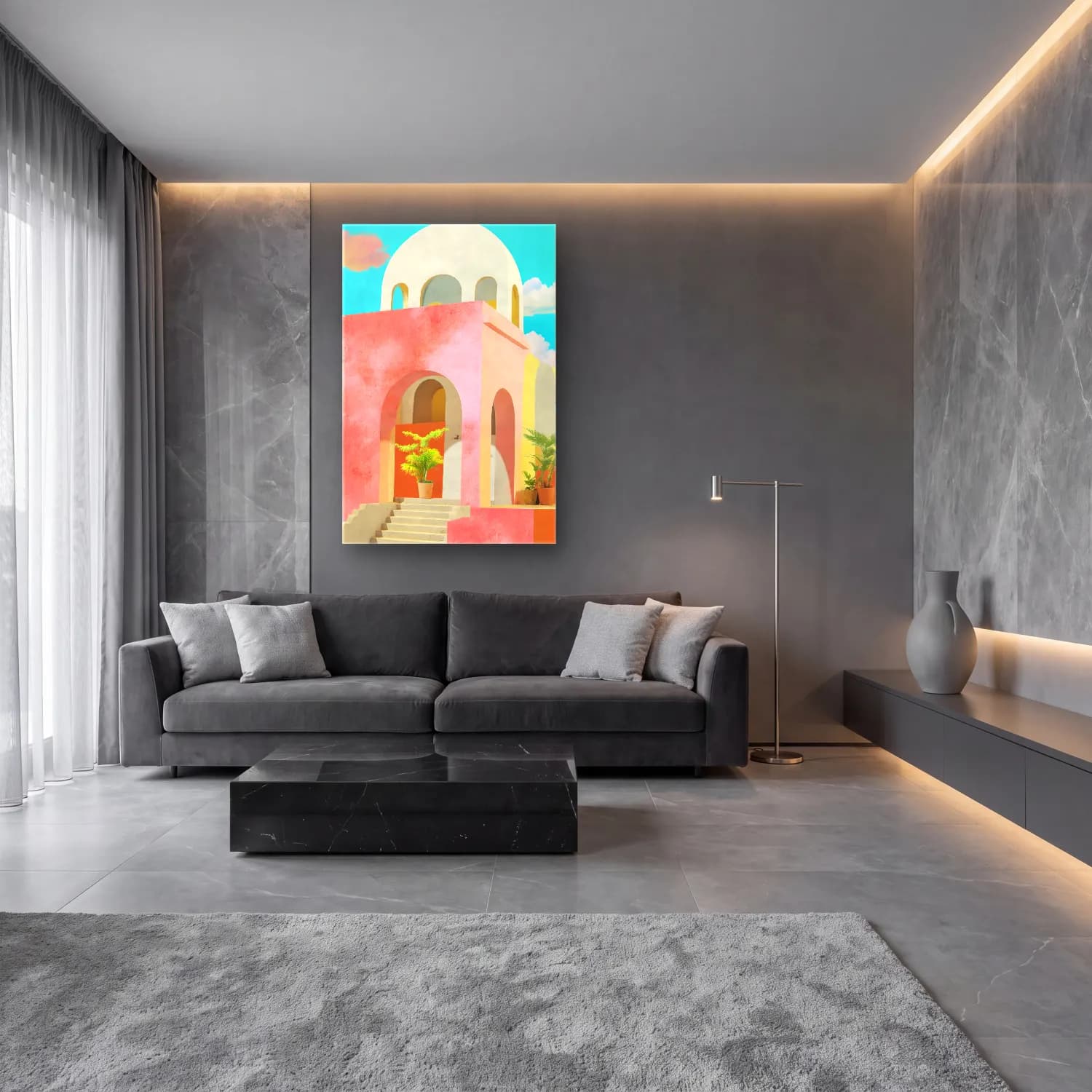 Pastel Katedral cam tablo — lüks salon duvarında