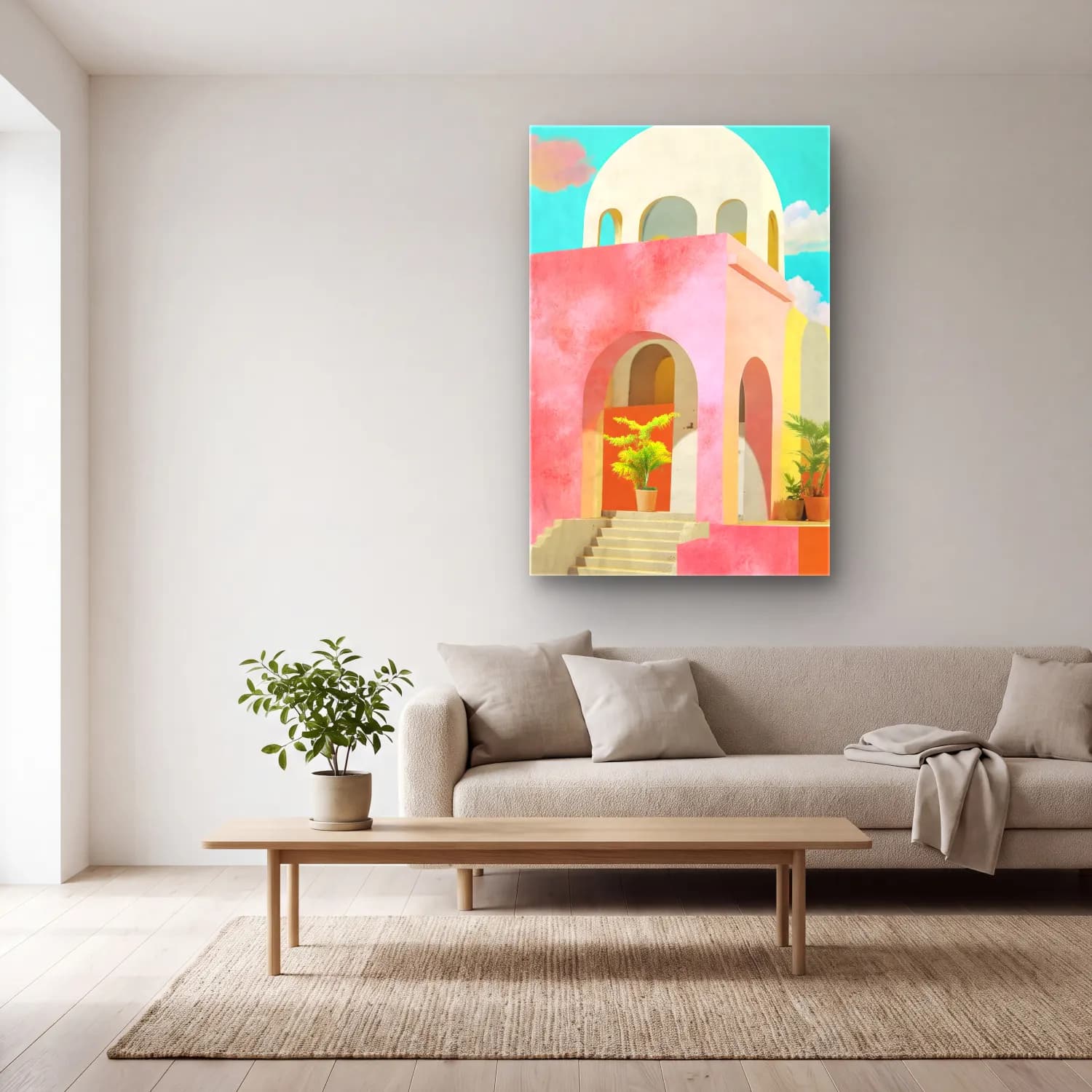 Pastel Katedral cam tablo — açık renk salonda