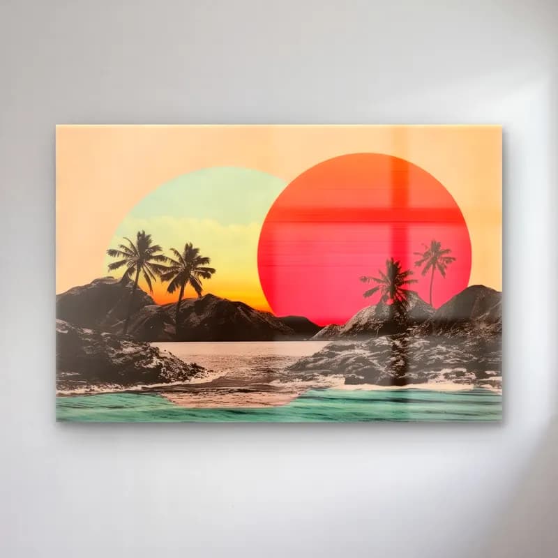 Retro Palmiyeli Tropik Sahil cam tablo — Retro Palmiyeli Tropik Sahil — retro palmiyeli tropik sahil
