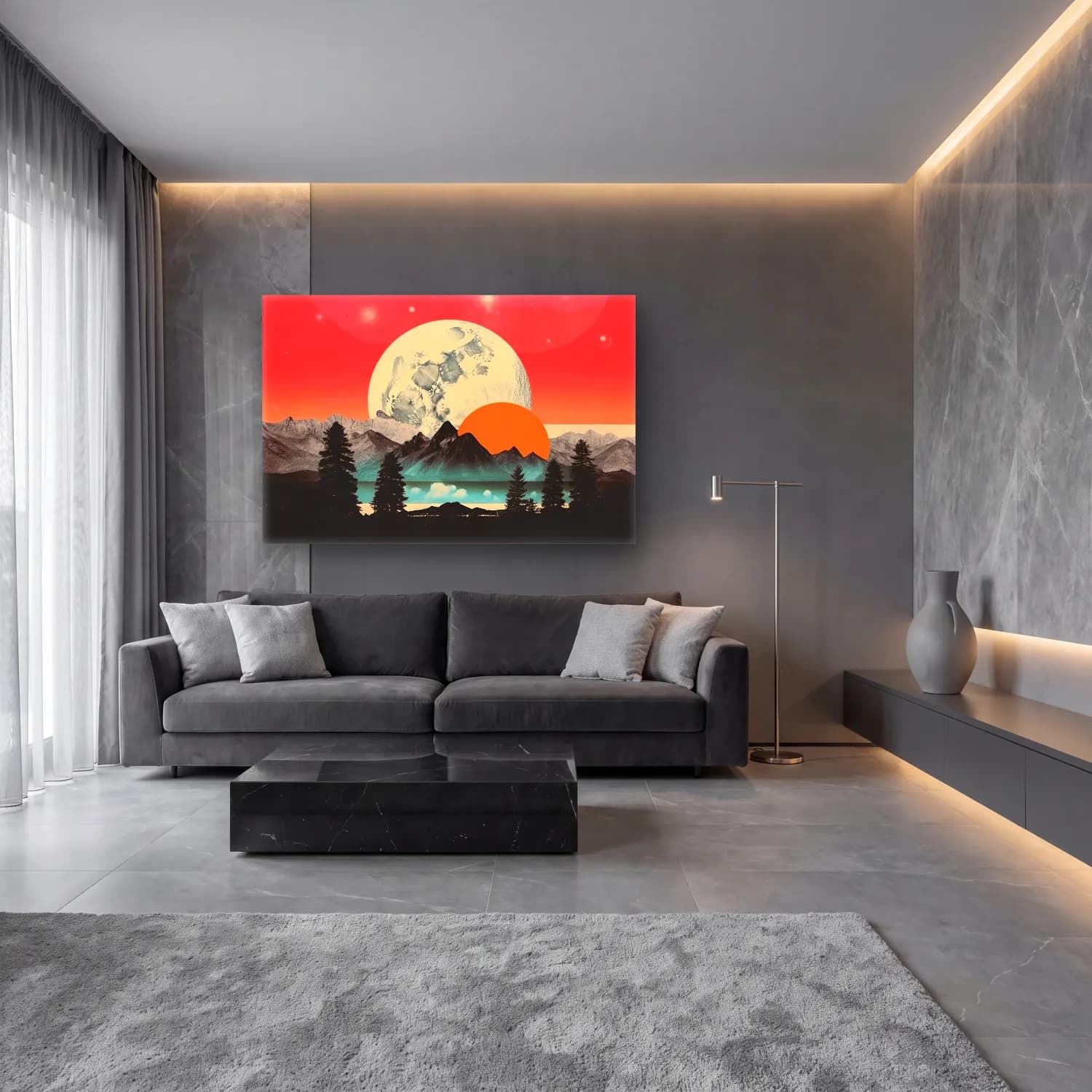 Pastel Ay ve Gece No. 8 cam tablo — lüks salon duvarında