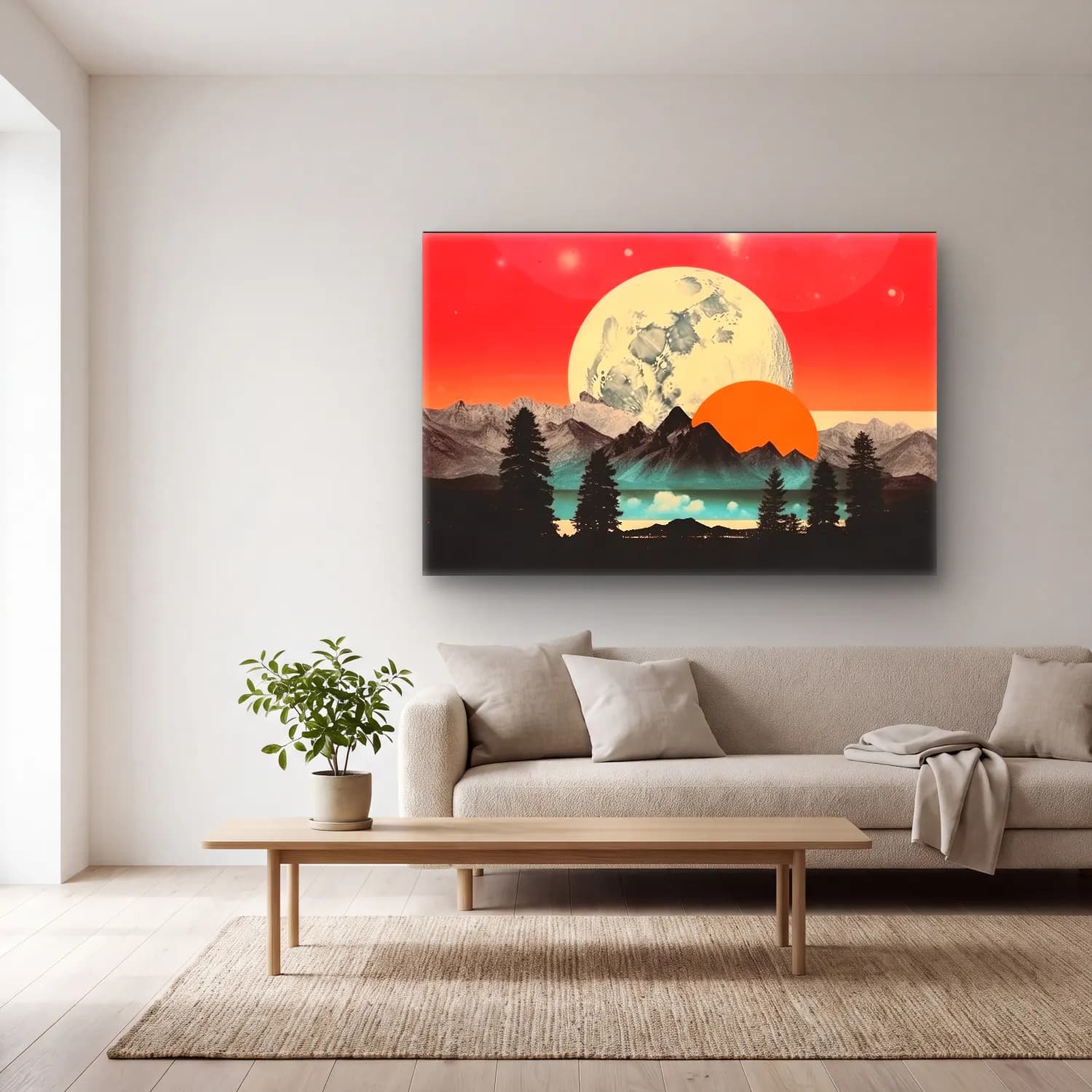 Pastel Ay ve Gece No. 8 cam tablo — açık renk salonda