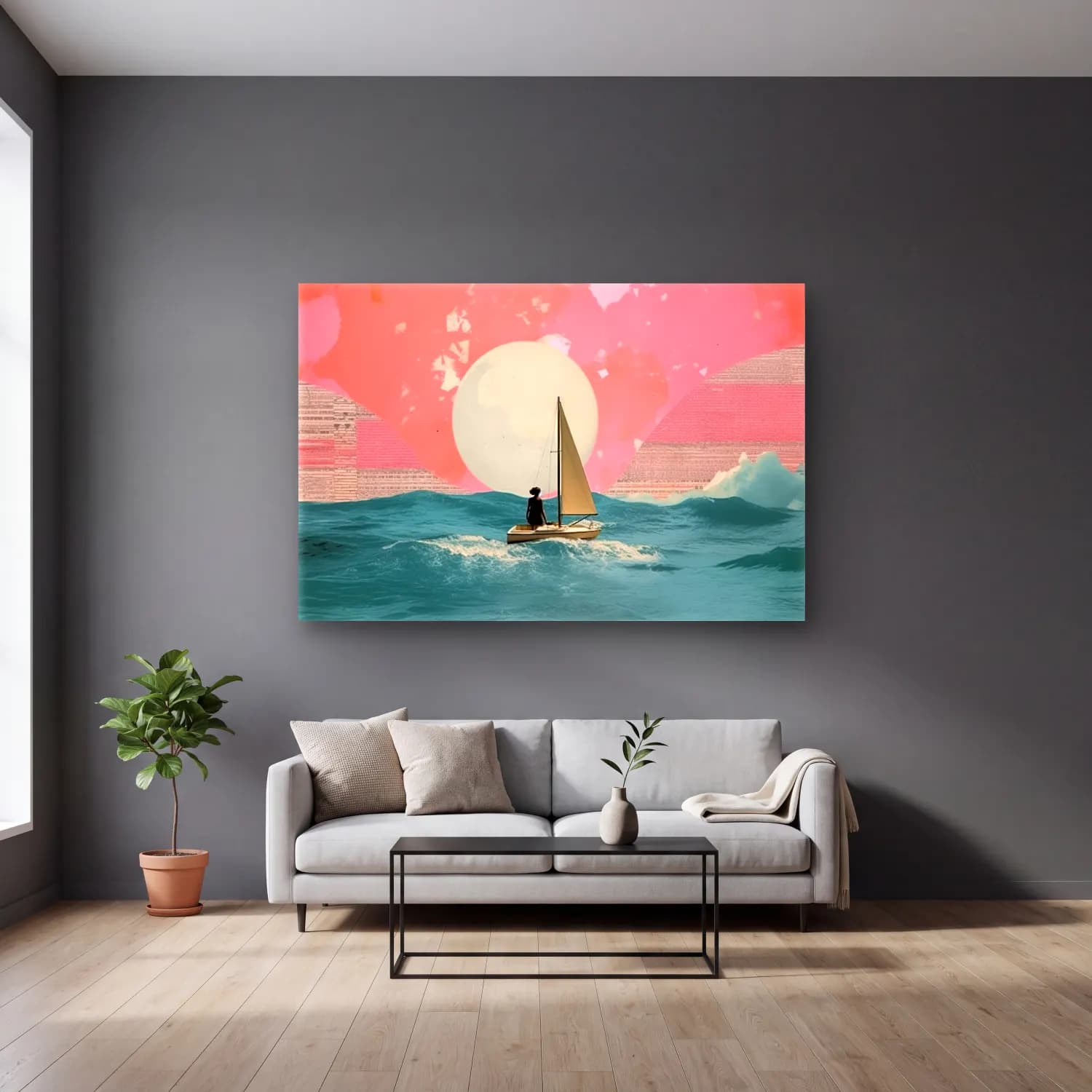 Pastel Yelken Yarışı cam tablo — gri duvarlı salonda