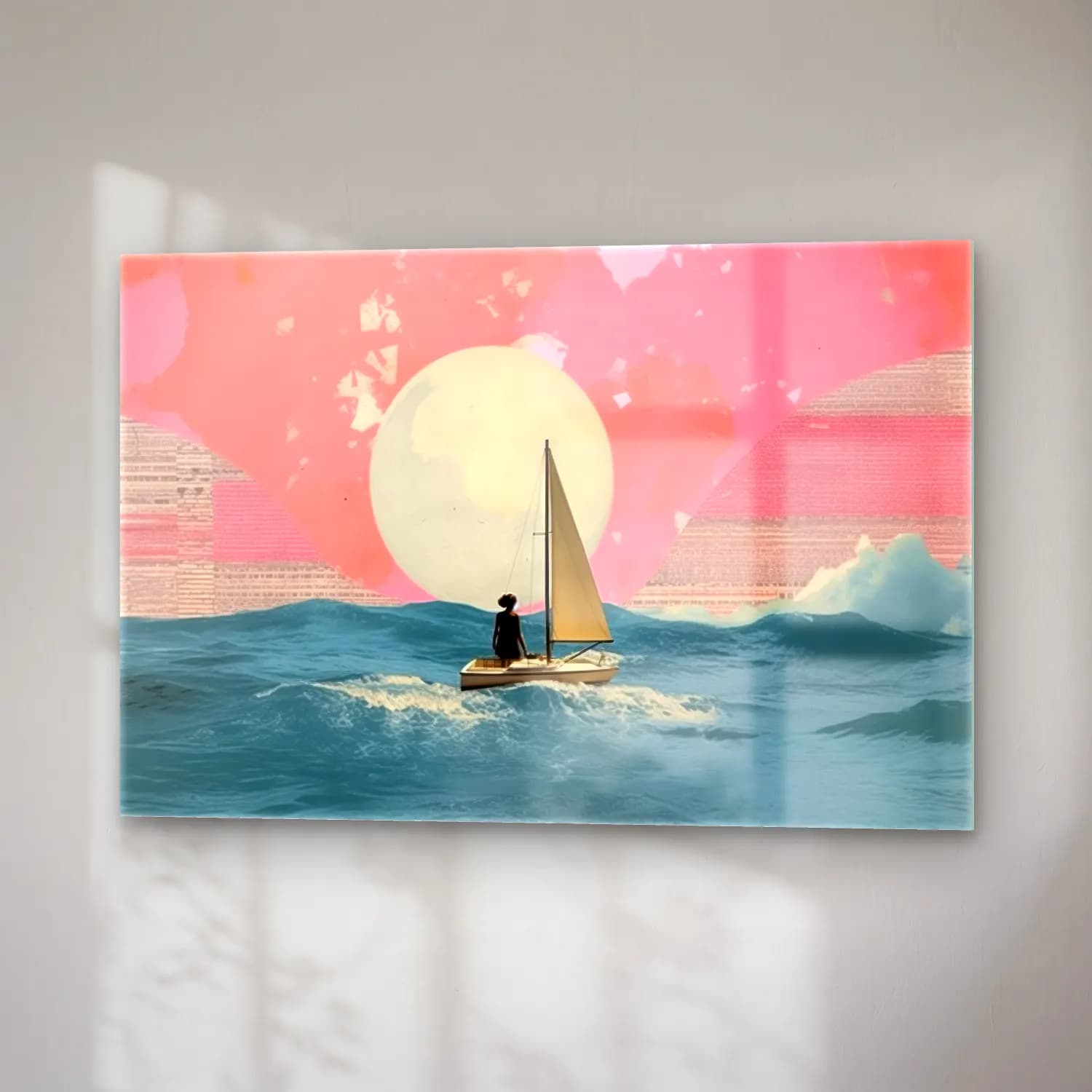 Pastel Yelken Yarışı cam tablo — sağ açıdan görünüm