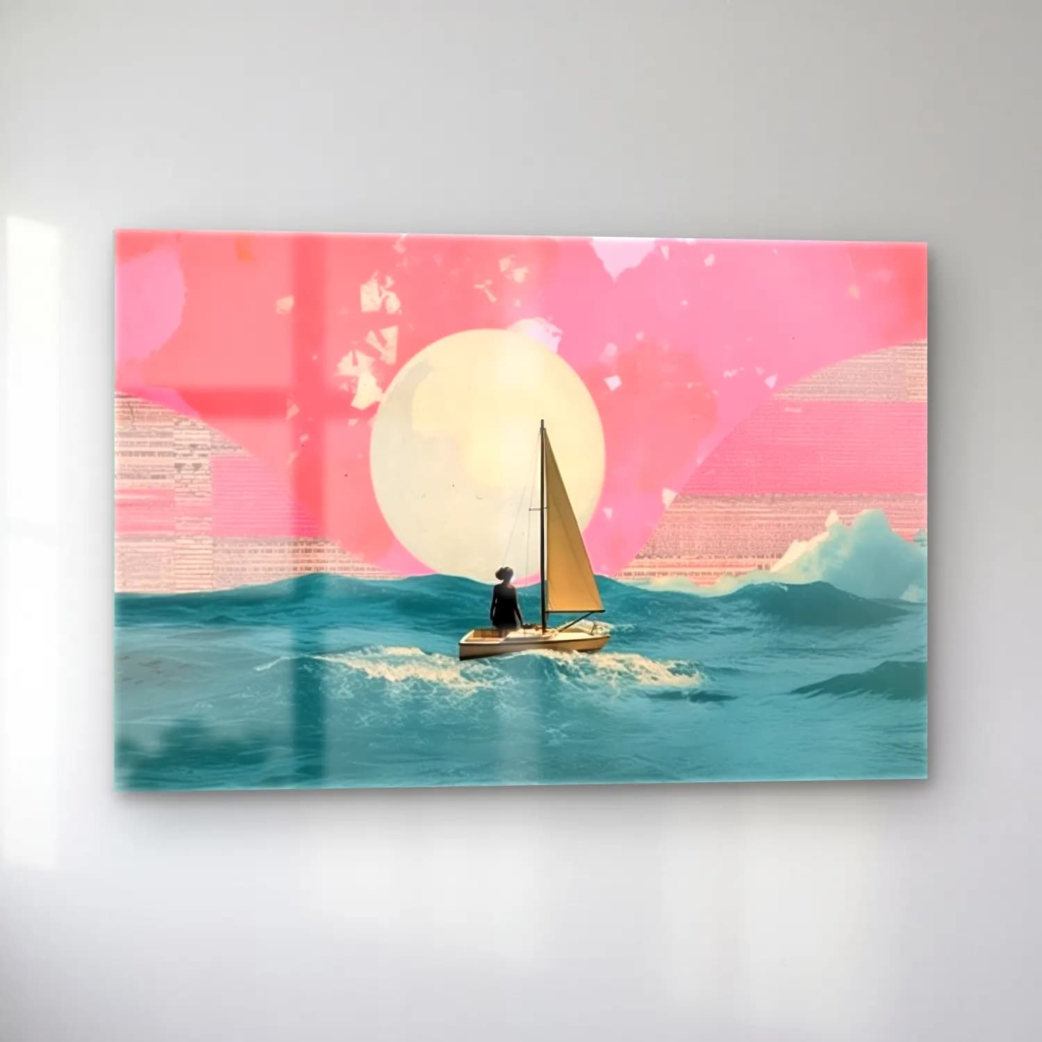 Pastel Yelken Yarışı cam tablo — sol açıdan görünüm