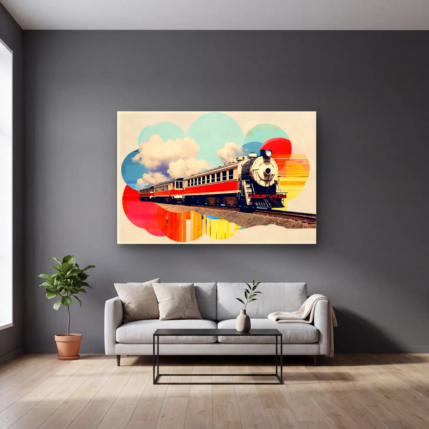 Vintage Tren – Turuncu Tonlar cam tablo — gri duvarlı salonda