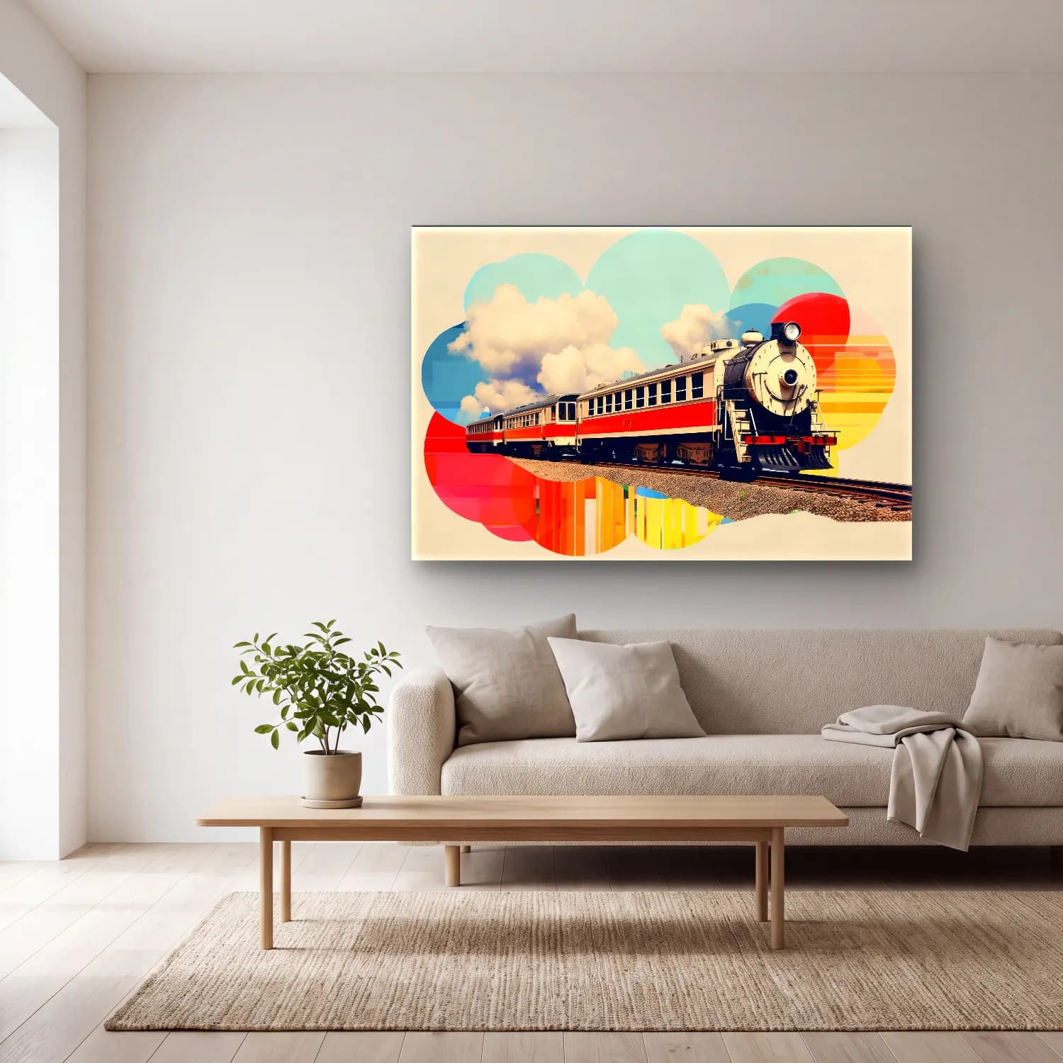 Vintage Tren – Turuncu Tonlar cam tablo — açık renk salonda
