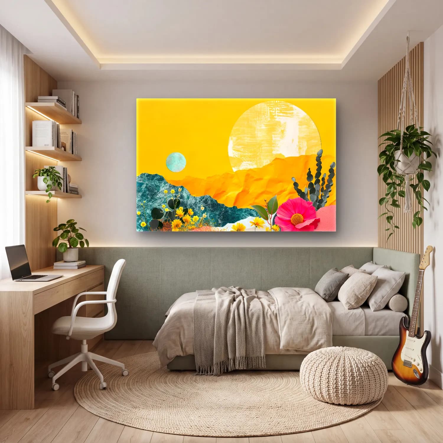 Boho Soyut Manzara – Sarı Tonlar cam tablo — genç odasında