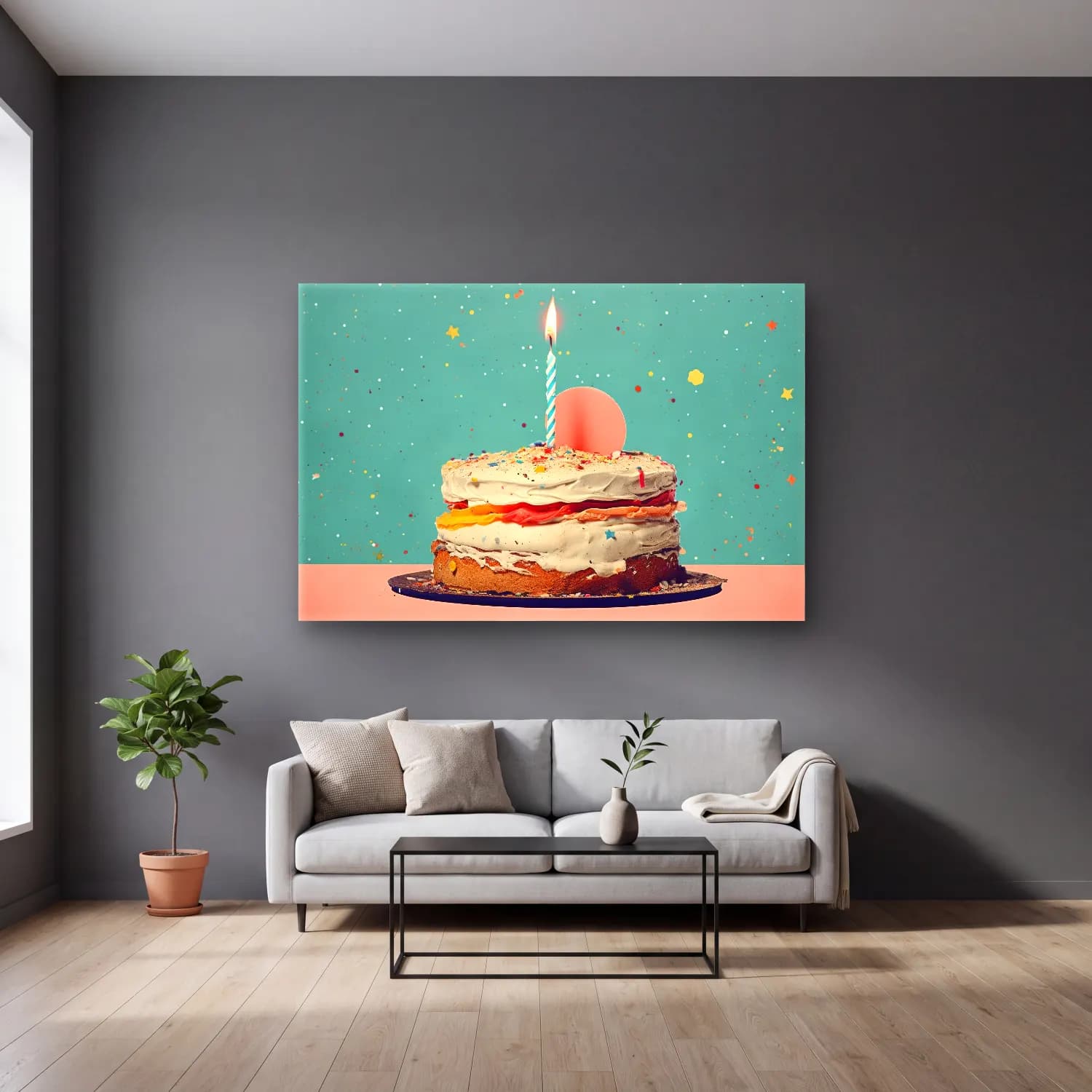 Pastel Tatlılar – Turkuaz Tonlar cam tablo — gri duvarlı salonda