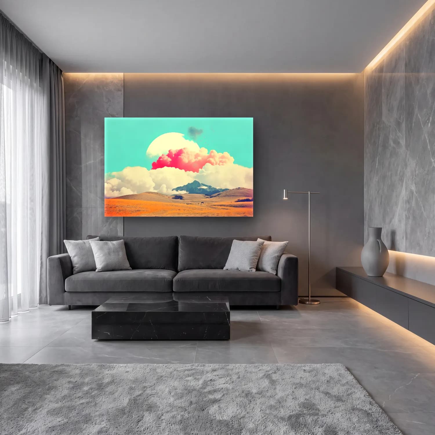 Pastel Dağ Manzarası No. 4 cam tablo — lüks salon duvarında