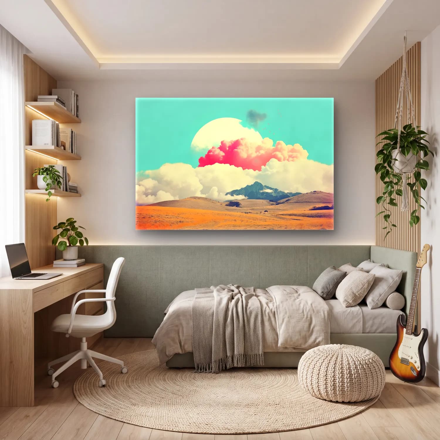 Pastel Dağ Manzarası No. 4 cam tablo — genç odasında