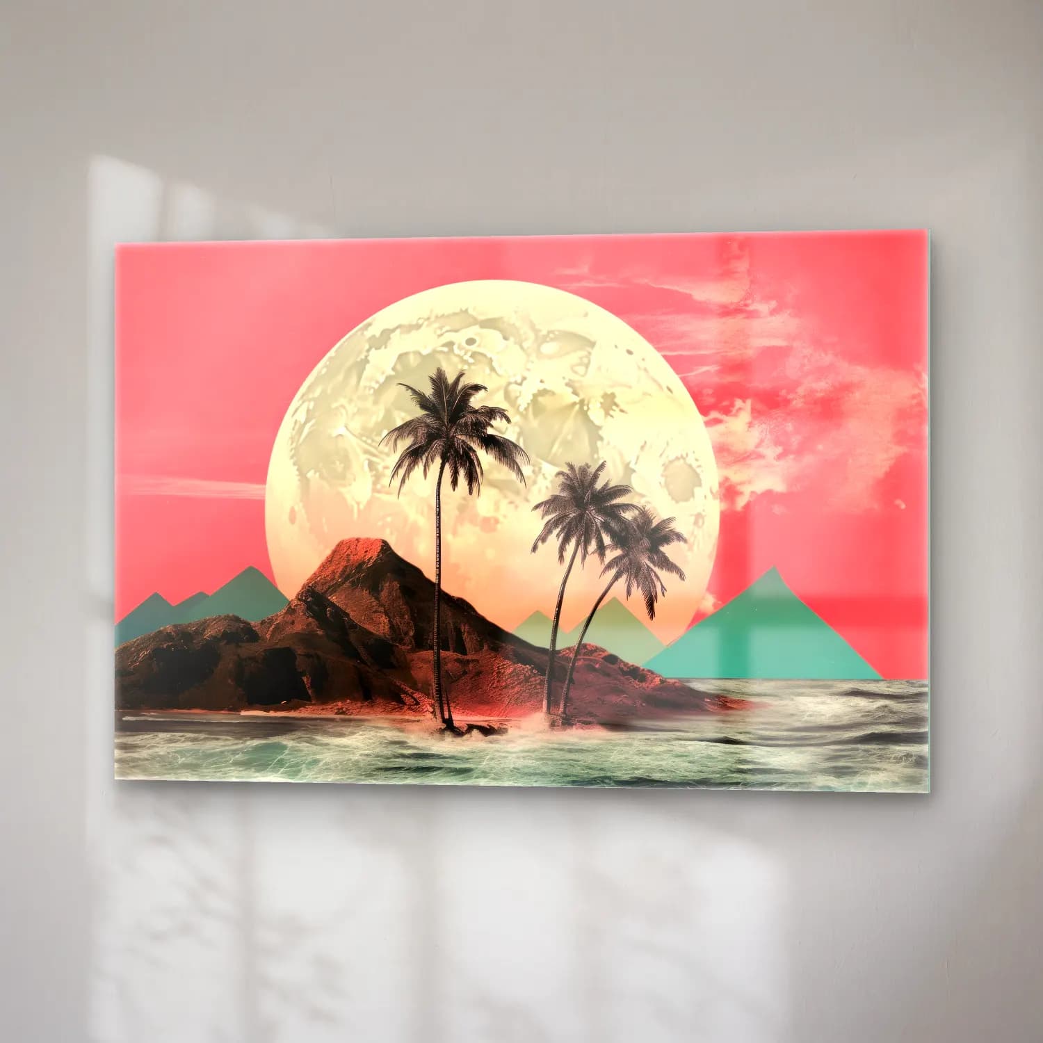 Pastel Palmiyeli Tropik Sahil No. 5 cam tablo — sağ açıdan görünüm