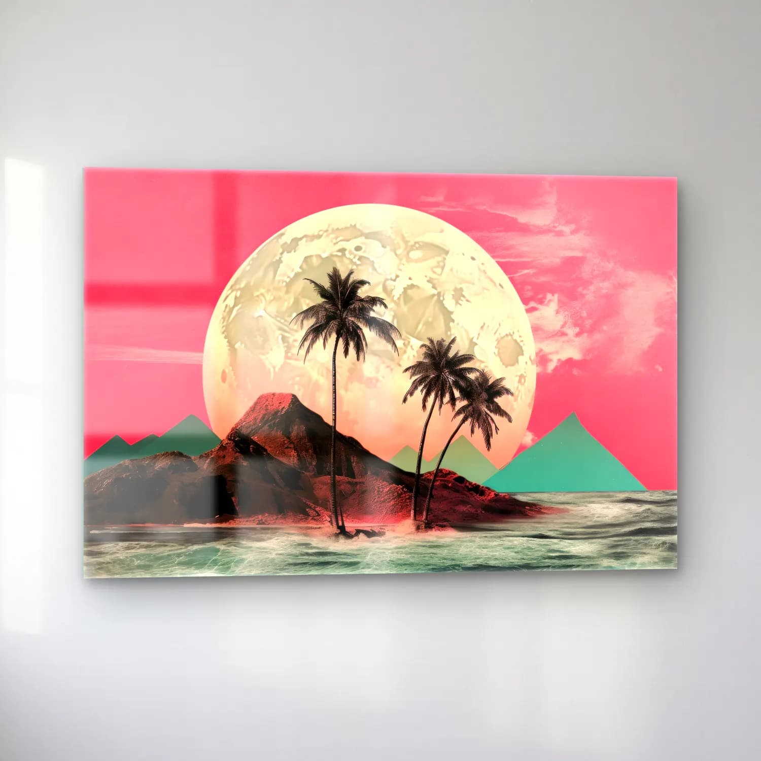 Pastel Palmiyeli Tropik Sahil No. 5 cam tablo — sol açıdan görünüm