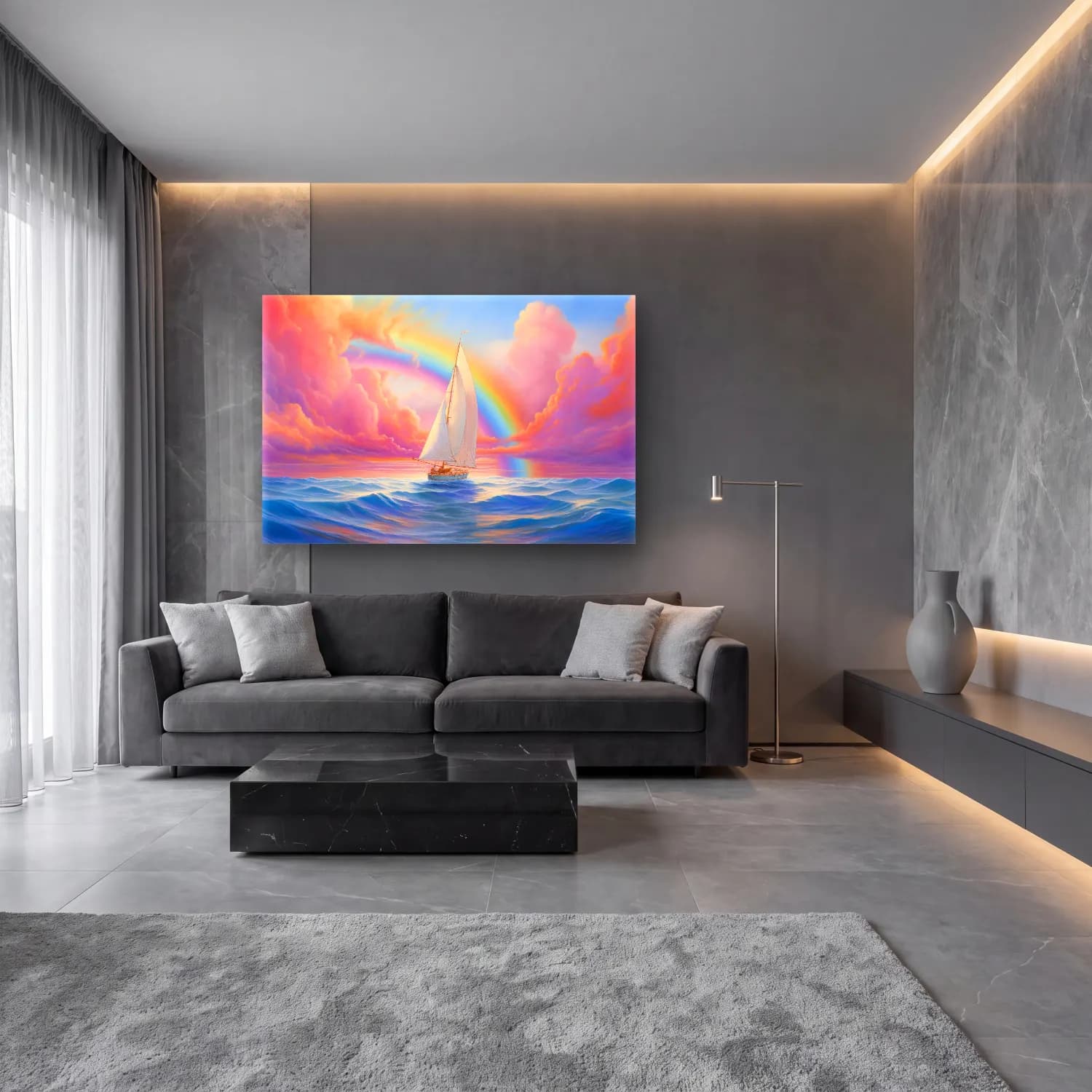 Yağlı Boya Yelken Yarışı – Pastel Tonlar cam tablo — lüks salon duvarında