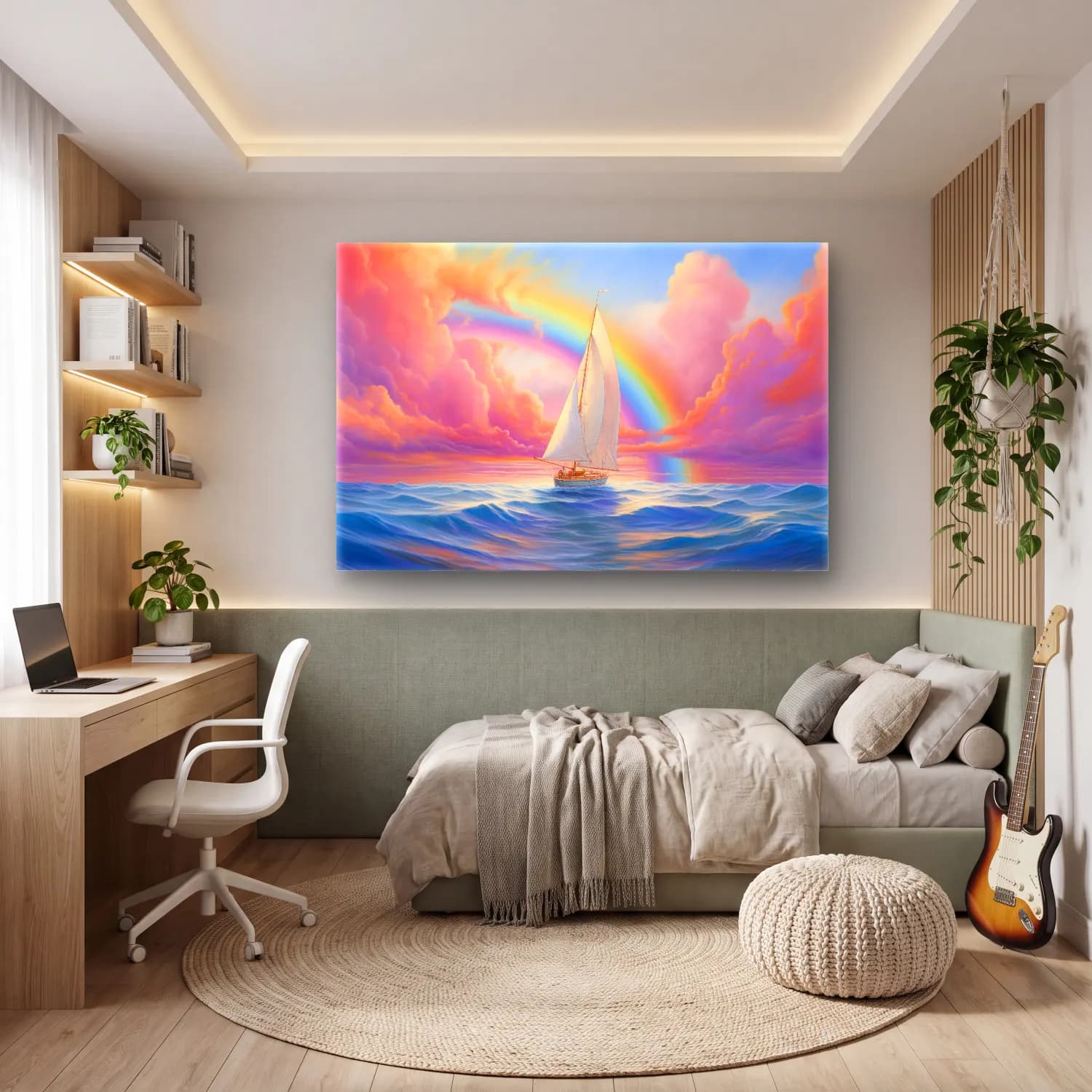 Yağlı Boya Yelken Yarışı – Pastel Tonlar cam tablo — genç odasında