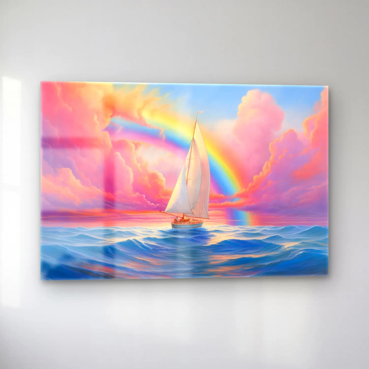 Yağlı Boya Yelken Yarışı – Pastel Tonlar cam tablo — sol açıdan görünüm