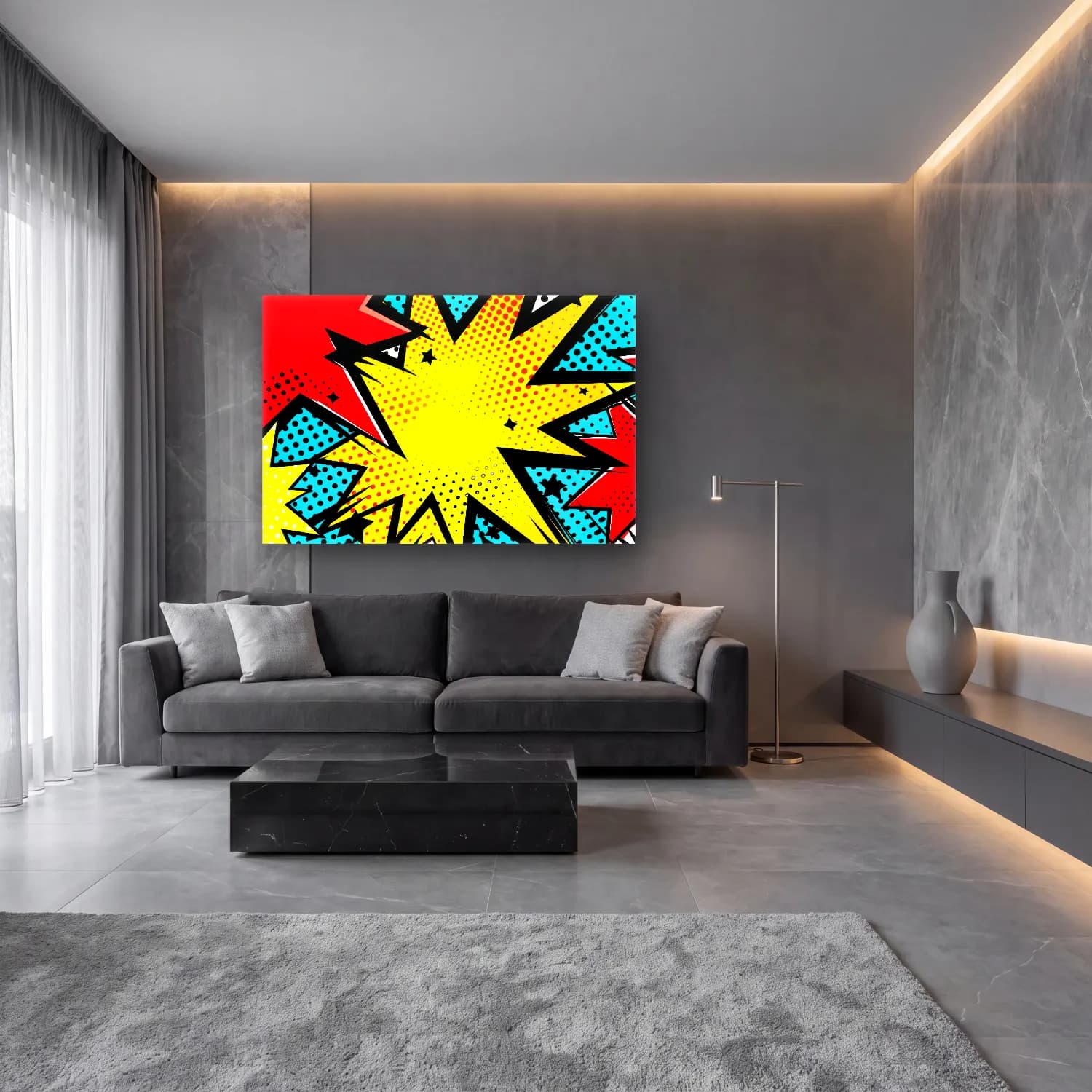 Pop Art Soyut Formlar cam tablo — lüks salon duvarında
