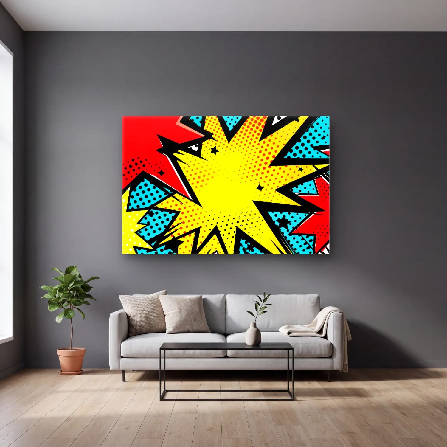 Pop Art Soyut Formlar cam tablo — gri duvarlı salonda