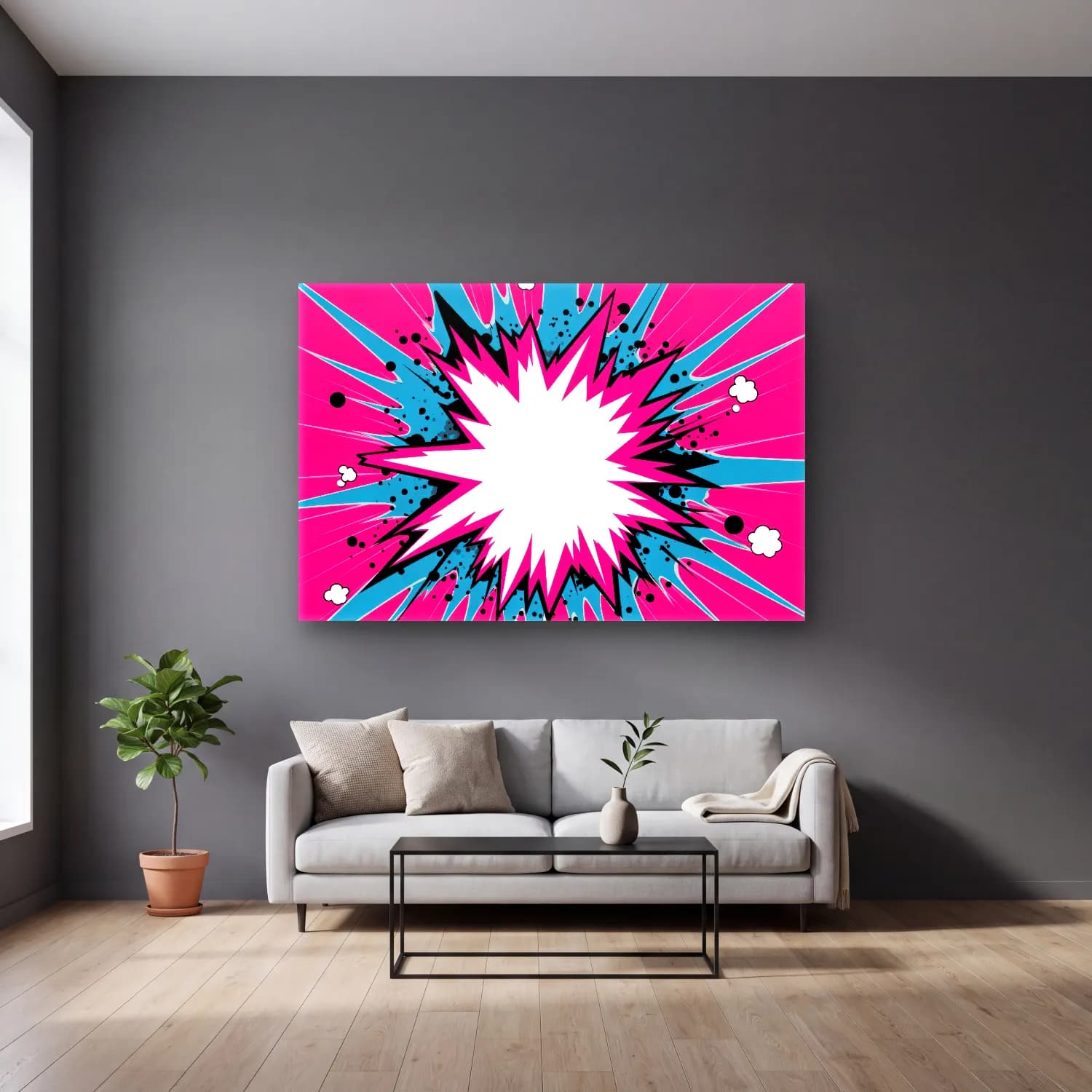 Pop Art Soyut Formlar – Pembe Tonlar cam tablo — gri duvarlı salonda