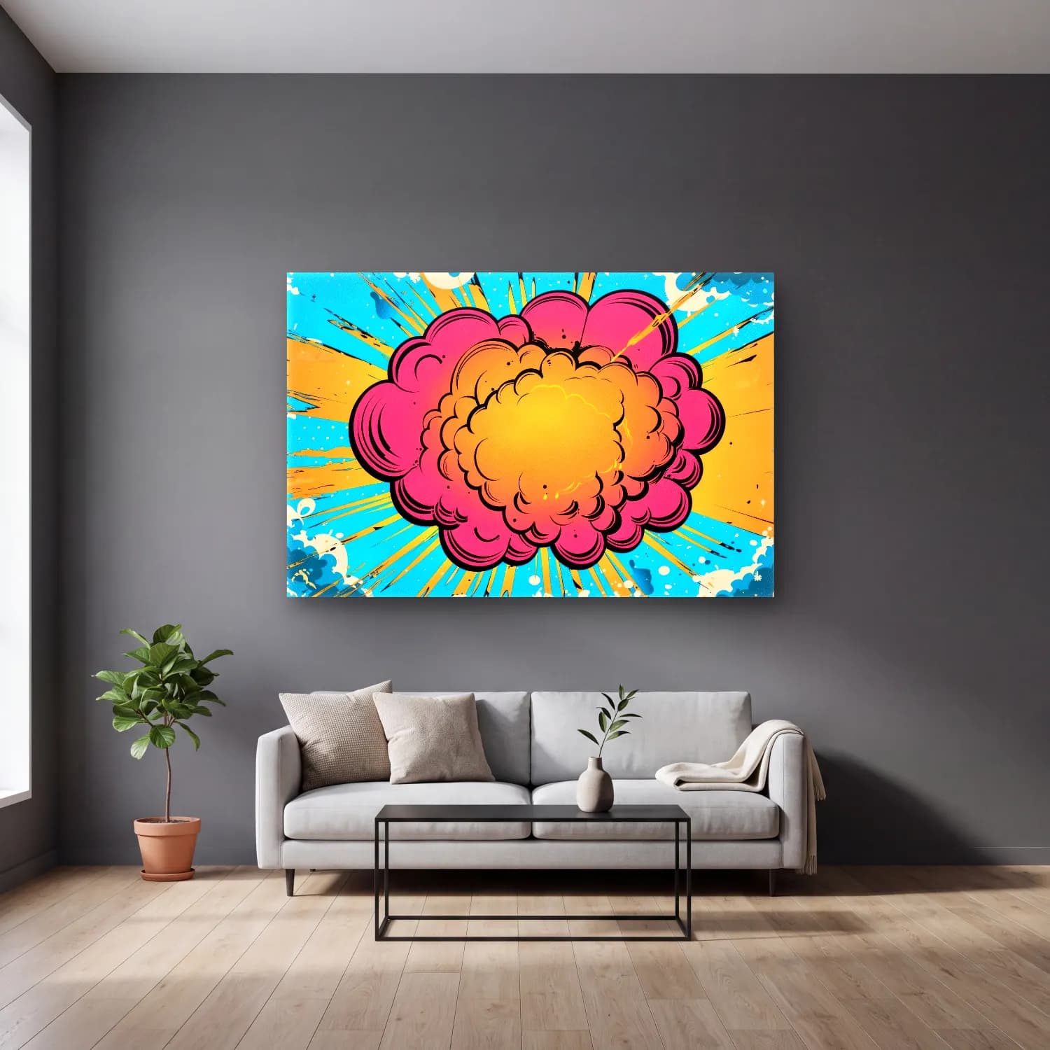 Pop Art Bulutlu Gökyüzü cam tablo — gri duvarlı salonda