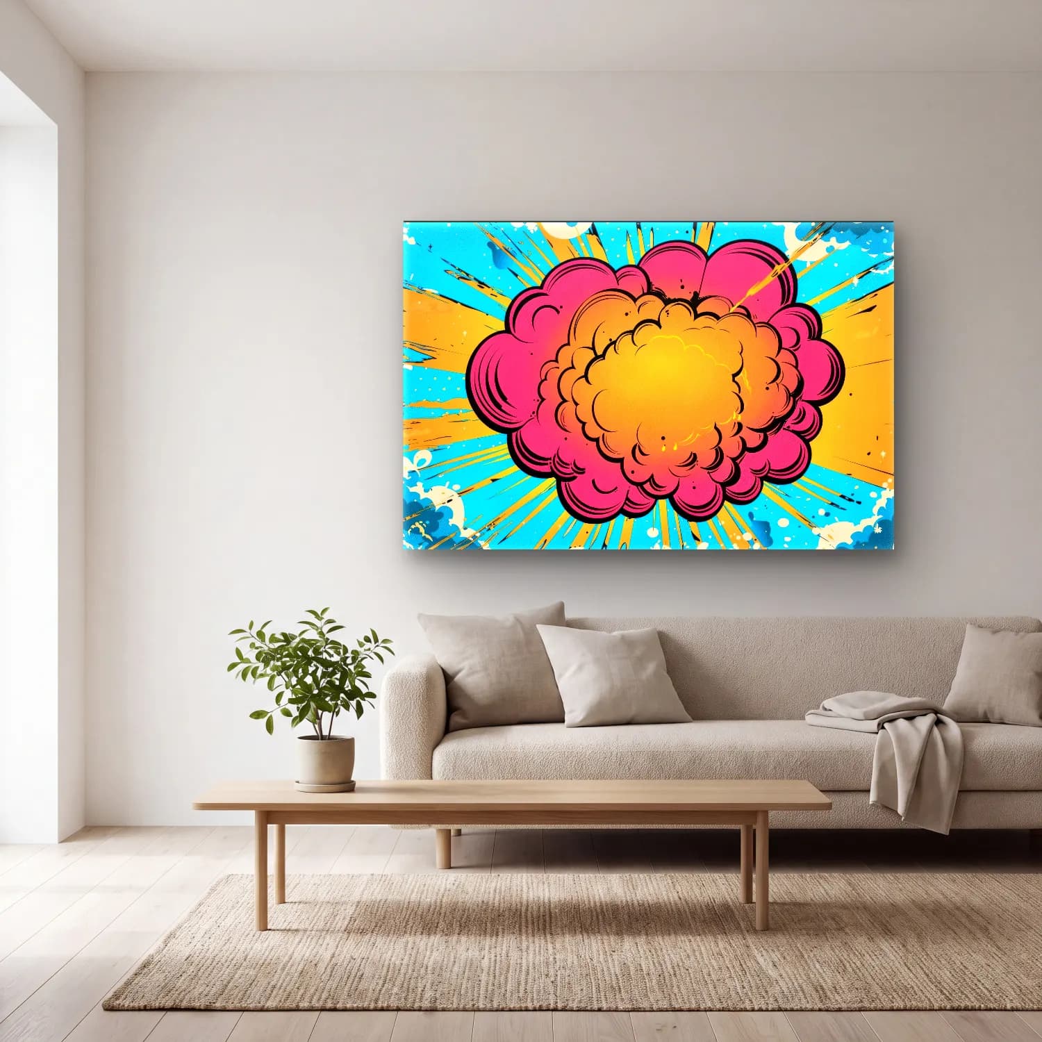 Pop Art Bulutlu Gökyüzü cam tablo — açık renk salonda