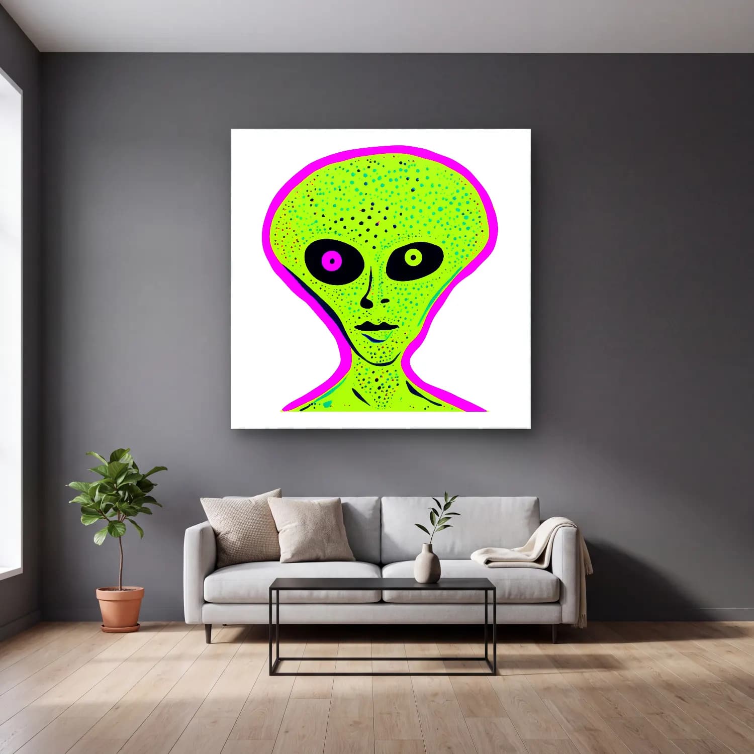 Pop Art Astronot cam tablo — gri duvarlı salonda