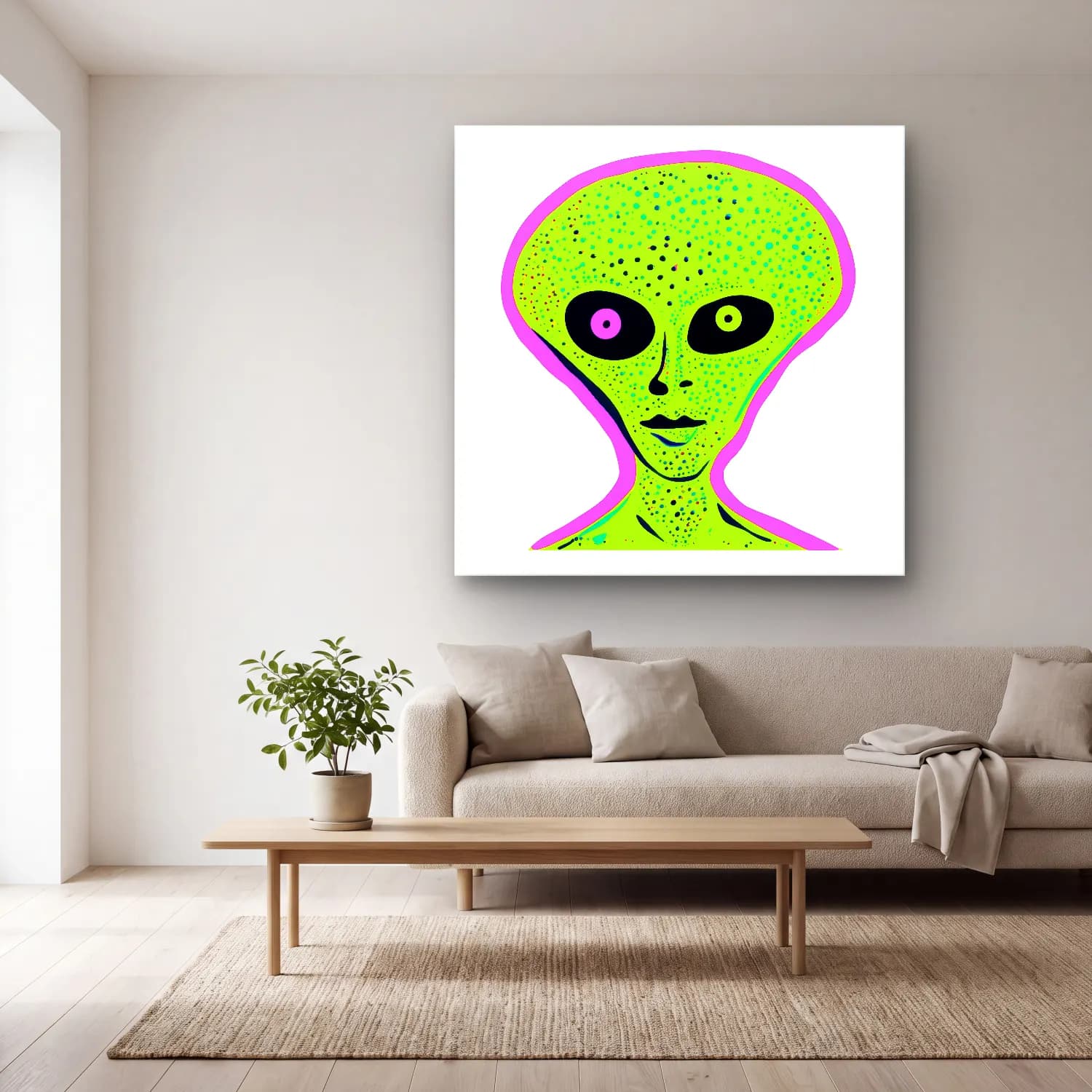 Pop Art Astronot cam tablo — açık renk salonda