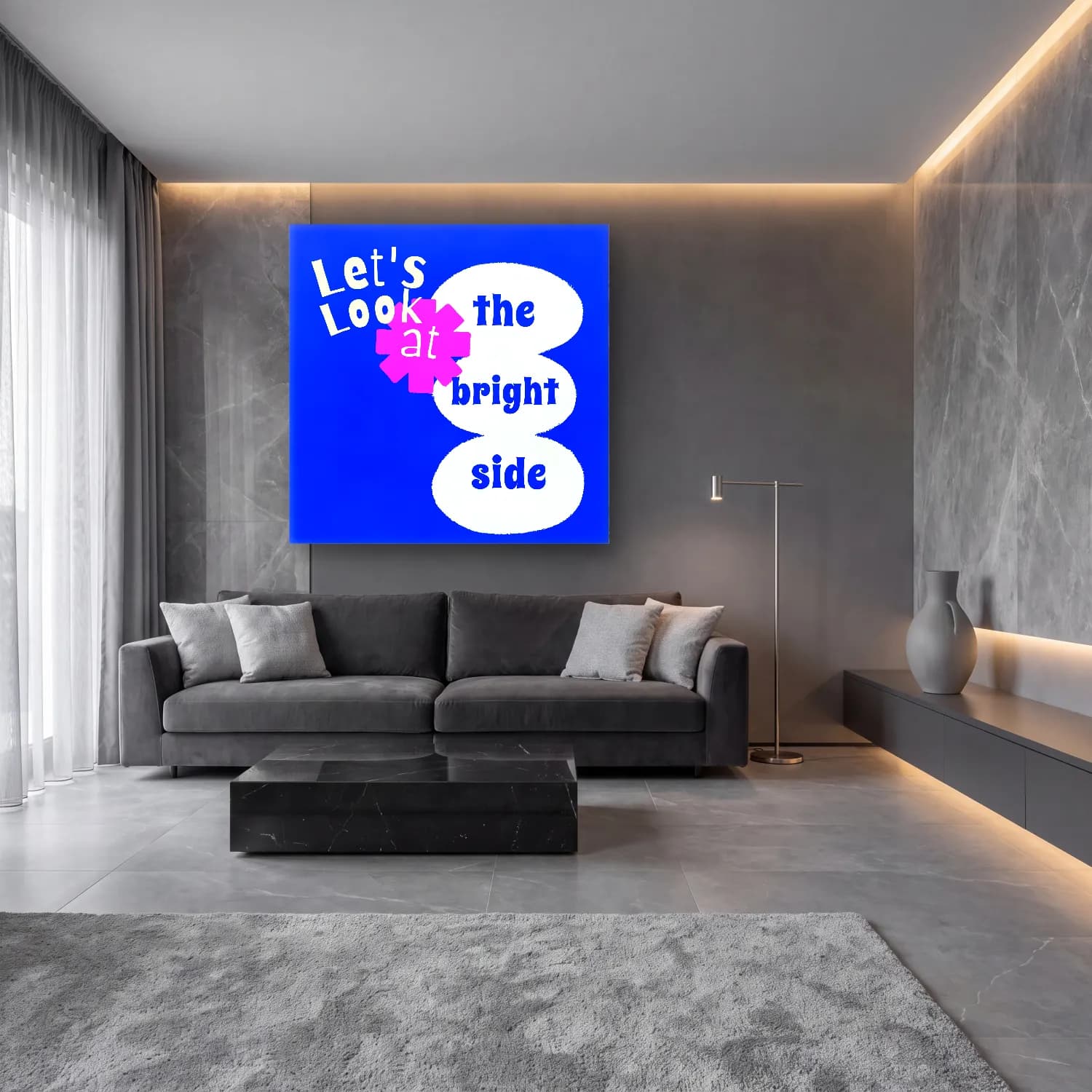Pop Art Yazılı Tasarım cam tablo — lüks salon duvarında